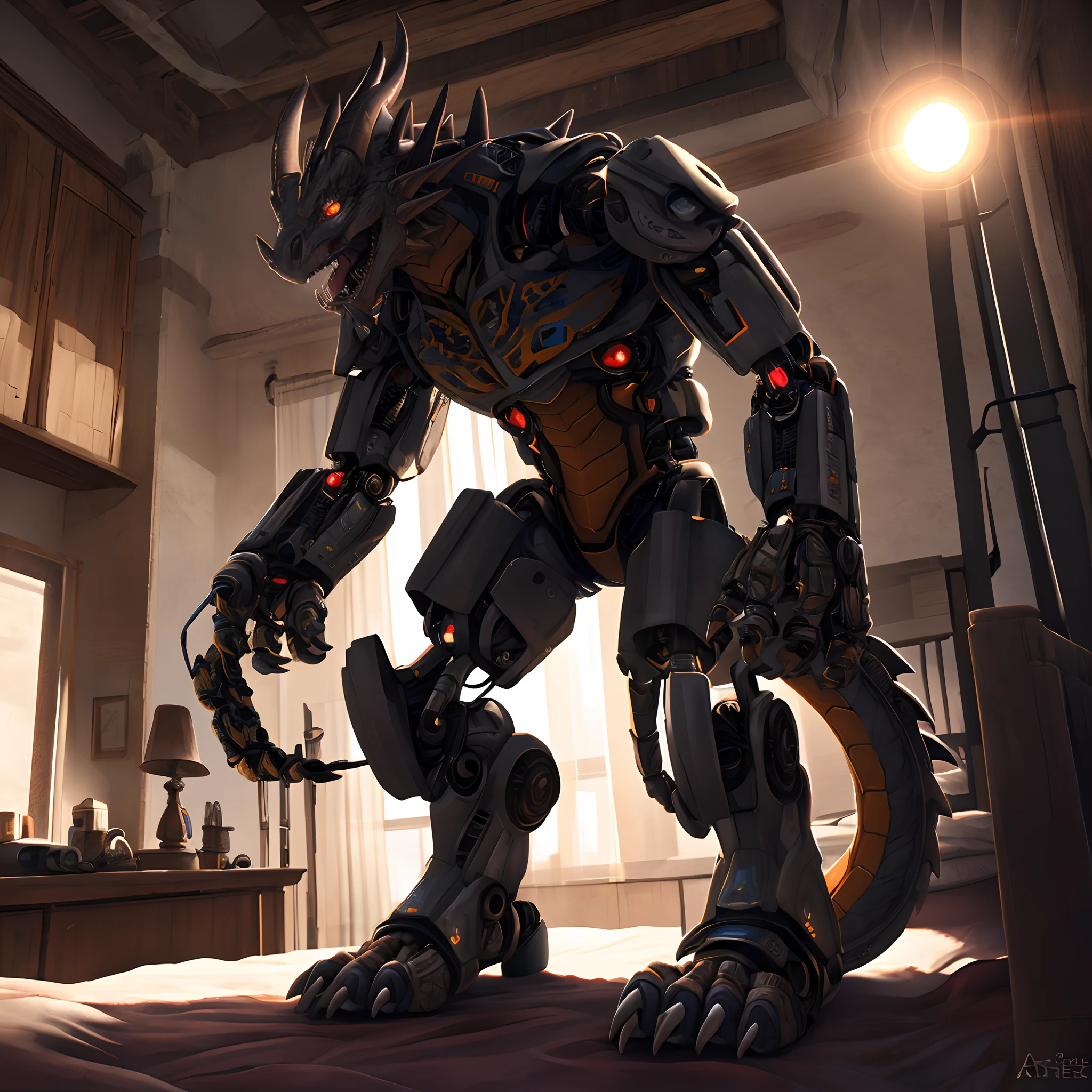 An advanced bionic mech, cybrog, anthro, dragon, female, full body, Delicate face, Delicate eyes, 1 tail, (glowing LED), energy, digitigrade,Inside sat on the bed in the apartment, extremely detailed CG unity 8k wallpaper, realistic, masterpiece, highest quality, lens flare, unreal engine, trending on ArtStation, Intricate, High Detail, dramatic, realism, beautiful and detailed lighting, Sandals