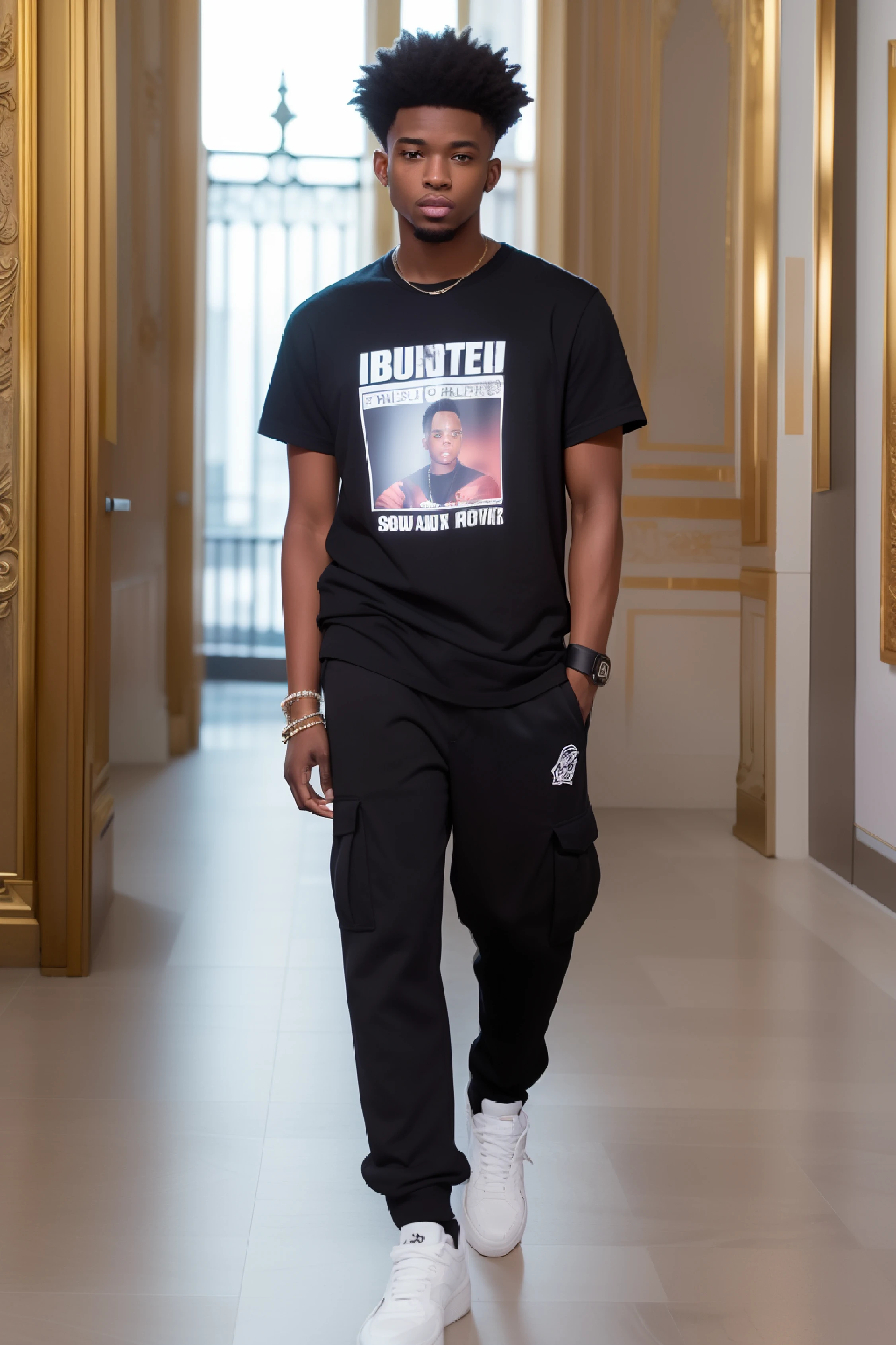 premier quality、high resolucion、(photoreallistic:1.4)、Homme noir, ((24-year-old African-American)), ((coiffure afro touffu))、t-shirt graffitis, pantalon chasseur, chaussures air-force1, corps mince, (beautifull detailed face)、big lips, Imperfections acnés, un sourire, Hip-hop style, soir、Large museum room、(Paysage museum)、Golden Room、vue en entier