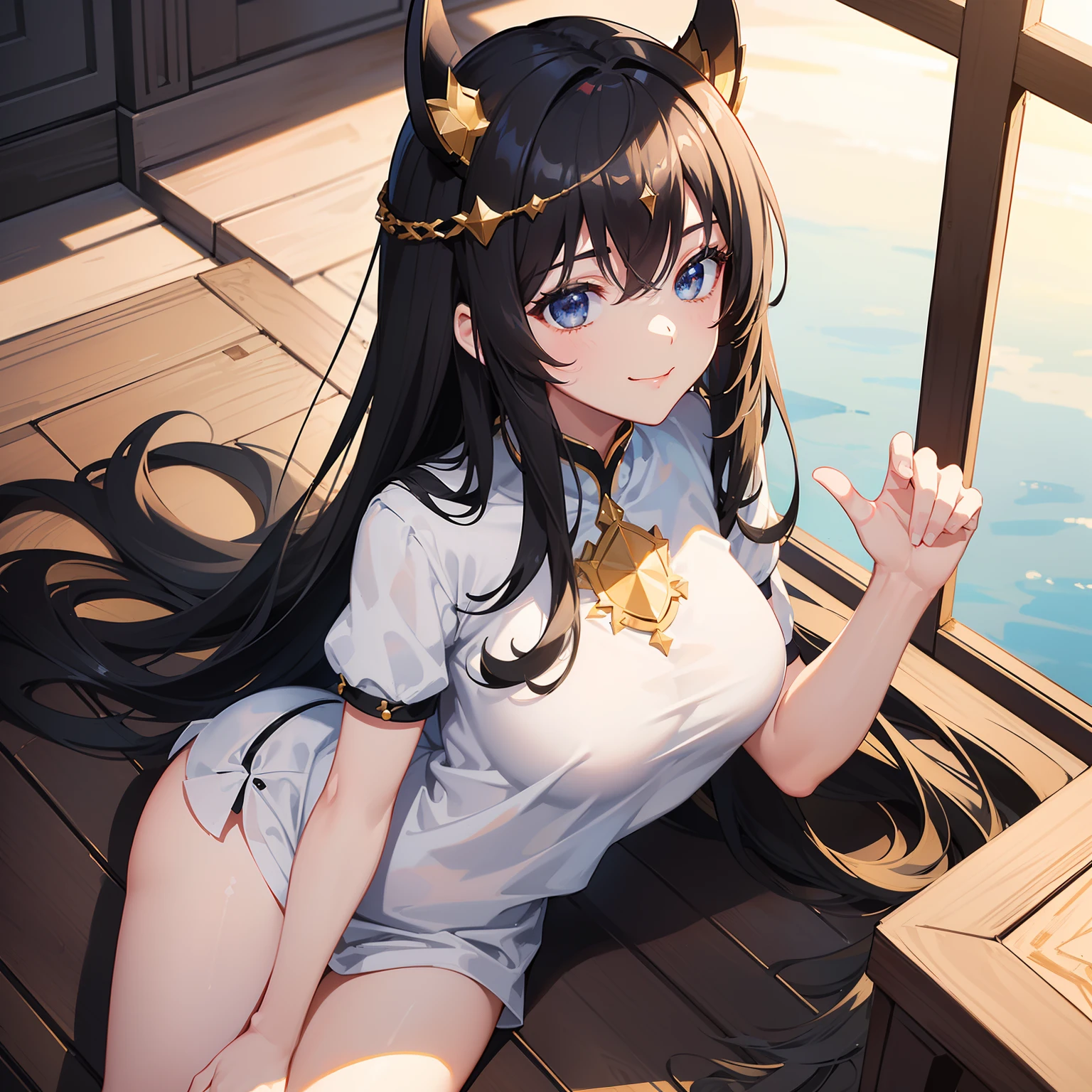 Ultra-detailed CG drawings、(masterpiece:1.4)、top-quality、a smile、Black long hair、Shiny hair、Cap cap、white t-shirts、Exposed thighs、Cute Girl、((enchanting posture:1.2, enticing:1.2)), From above、(SHINES)、Best Shadows