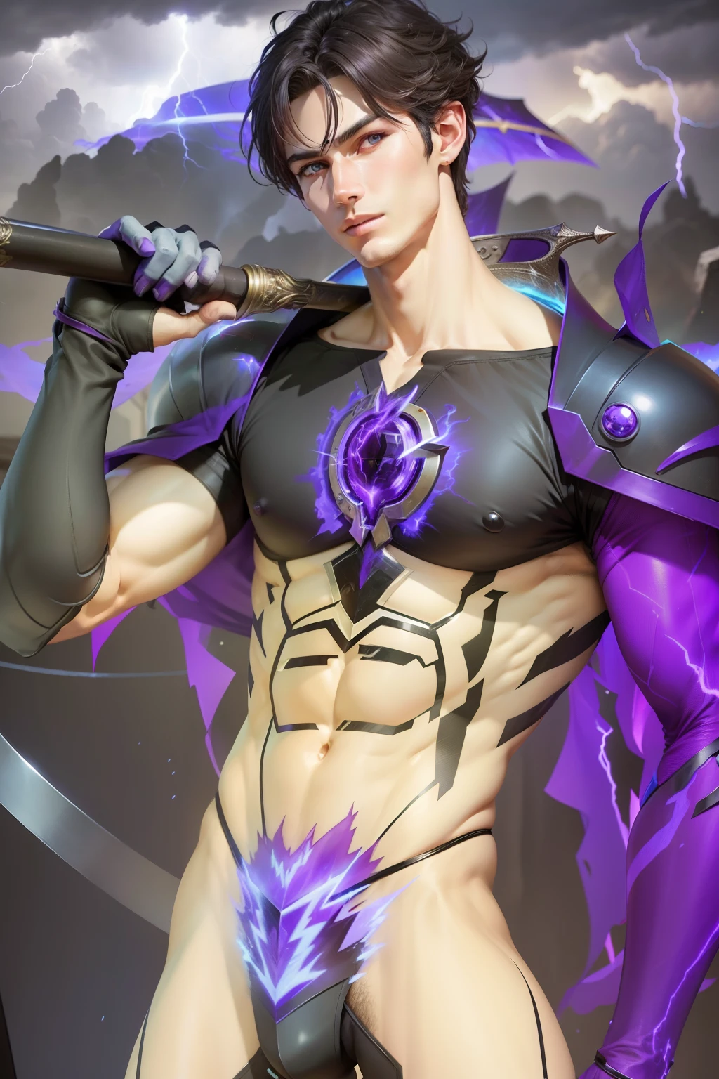 Boy, handsome, sixpack, charming,cute,dark armor, purple lightning,magic, energy ball In chest,Hands energized and there's lightning in hand, dragon, shadow, Knight, realistic, ultra detail, perfect face, perfect eyes, white skin, purple eye, Sword in left hand, Purple thunderstorm,wearing tight underwear,Lightning energy radiated from the underwear.