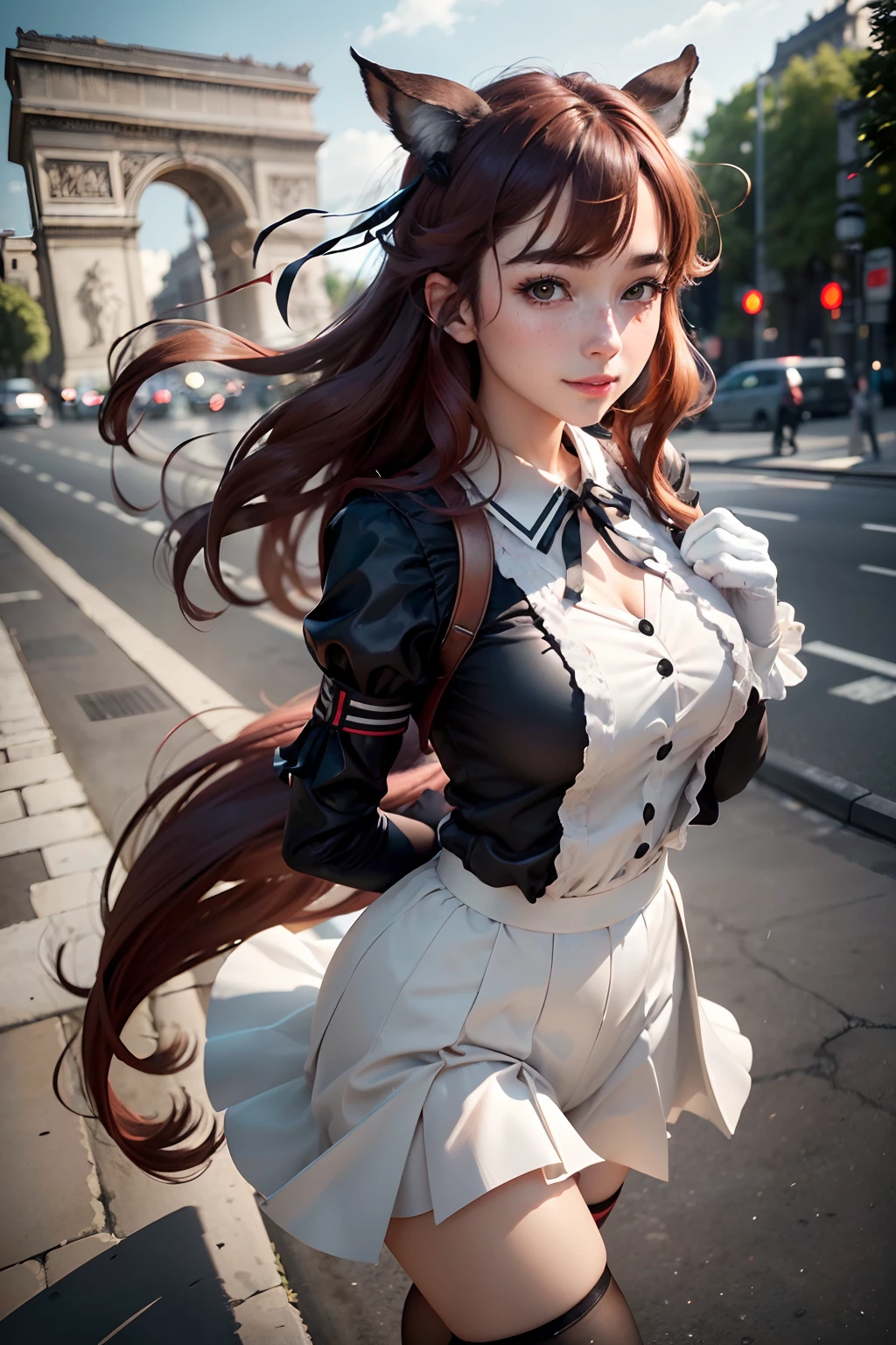Raw photography, top-quality, masterpiece, extremely delicate and beautiful, ighly detailed, nffsw, Unity, 8K Picture Wallpaper, amazingly detail, detaile, masterpiece, top-quality, Official art, Highly detailed ticker Unity 8k wallpaper, ultra-detailliert, hight resolution, ighly detailed, Clair, Focus, (top-quality), (realisitic, Photorealsitic:1.5), 8K, Soft lighting, hightquality, lighting like a movie, 1girl in、Uma Musume(Silence Suzuka)、One person on the screen、long hair of red-brown color、long reddish-brown hair to the waist,,,,,、Bangs trimmed with eyebrows、Very long horse ears are pointed,、thin brown eyebrows、long eyelashes、Light green eyes、Smiling smile、red tide、White and green sailor suit、Black ribbon on chest、Black gloves on both hands、Hands are covered with gloves、Very small breast、moderate breast、Black stockings、perspiring、full of sweat、Woman taking a walk、Bring your right arm forward、Run your left arm behind your back、Walking alone、takeout、Sunnyday、The sun is dazzling、France、triumphal arch、Arc de Triomphe in the background、