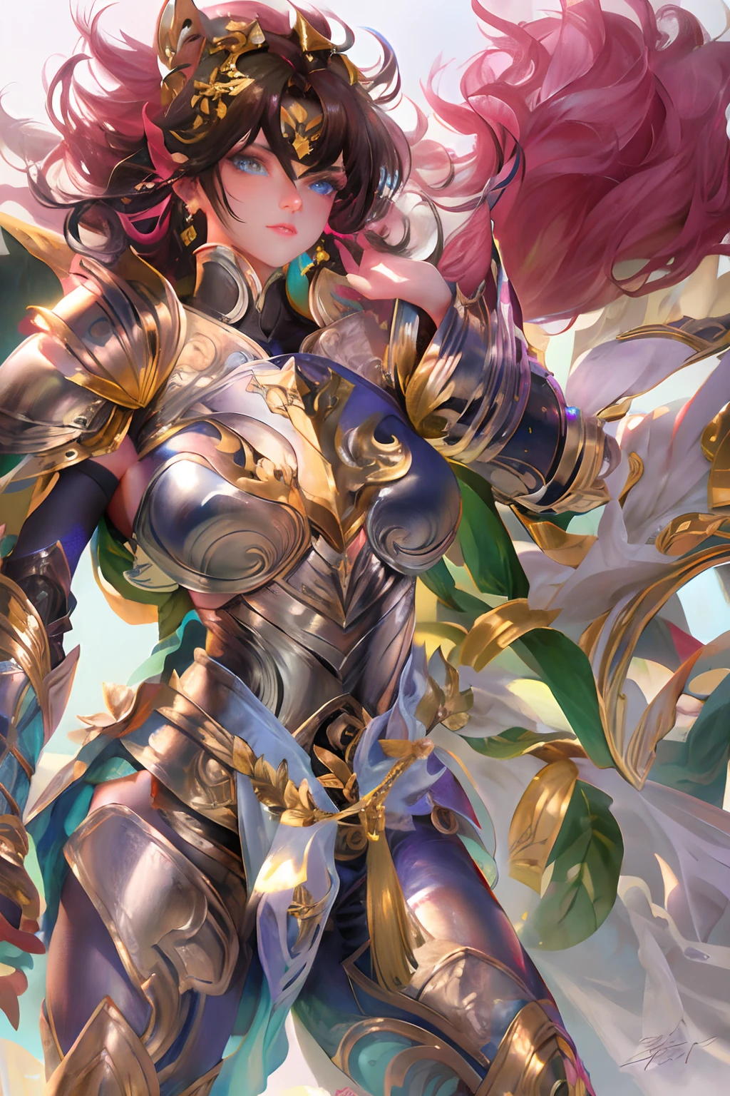 full body,Ultra-high saturation,(tmasterpiece), fully body photo,(best qualtiy), (1girll), starryskybackground,Wearing shiny gold armor, Sexy lingerie type armor,Expose your chest,Expose the waistline,Exposing thighs,cool-pose, Saint Seiya Armor, messy hair,high detal, Anime style, Cinematic lighting, Sparkle, god light, Ray traching, filmgrain, hyper HD, textureskin, super detailing, Anatomical correct, A high resolution,Ultra-high saturation,hight contrast,High-gloss armor,Smooth skin,Serious expressions,Dark room,