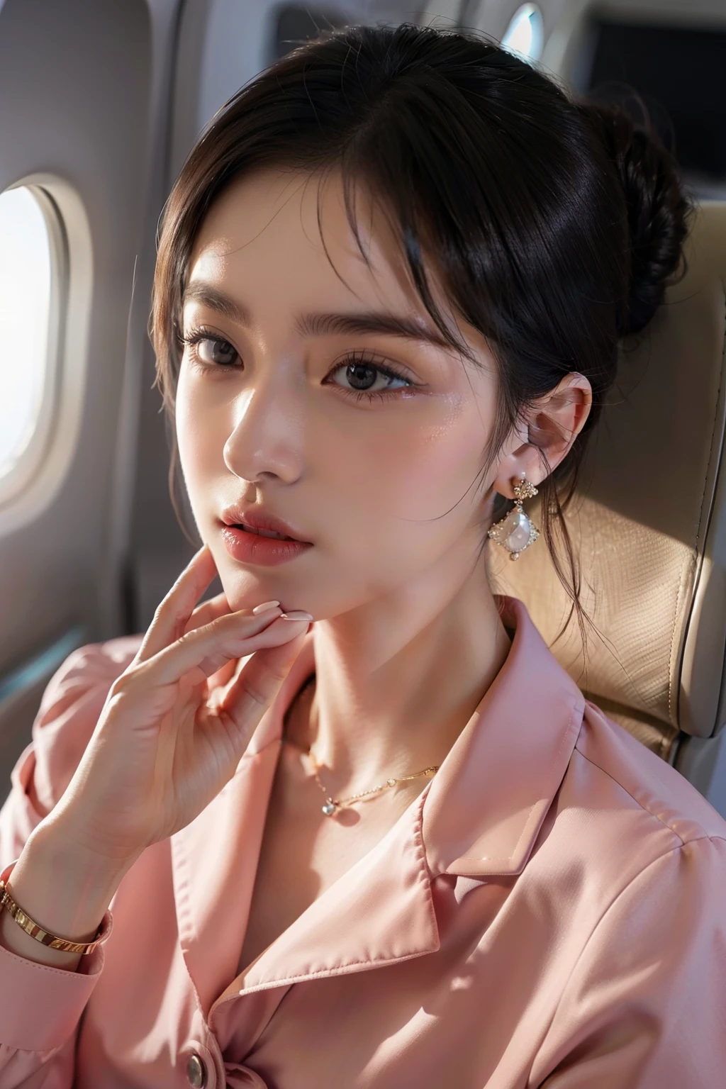 (best qualtiy，8k，tmasterpiece)The flight attendants are amazing with their well-dressed appearance on the plane。They usually wear neat uniforms，Clothing is generally a professional suit。They may be wearing a well-fitting dress or trouser suit，Some of them may have brand logos，to present the image of an airline。
The makeup of flight attendants usually focuses on naturalness and sophistication。They choose a light foundation，Leaves skin looking smooth and healthy。They may use soft foundation and loose powder，Leaves skin looking natural and smooth。Eye makeup is usually minimalist，They may use light eyeshadow colors to accentuate the contours of the eyes，And use mascara to add brightness and definition to your eyes。Eyebrows are usually neatly groomed and padded to add contour。Pay attention to the neatness and softness of lip makeup。They may choose pastel lipstick or lip gloss，to maintain the harmony of the overall makeup。Nails are usually neatly trimmed，It may also be applied with a light color of nail polish，to show a neat and professional image。The attention to detail，Such as accessories and hairstyles。They may wear simple and elegant earrings、necklace and watch，to add highlights to the whole。Their hairstyles are usually neat、ren，It may appear as long groomed hair or a neat bun。Such details make them look more professional and elegant。