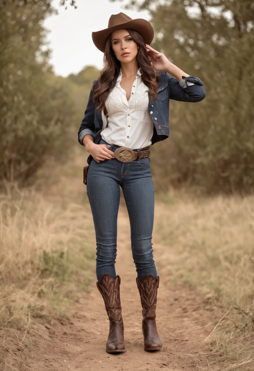 1 mulher, cowgirl, anatomia perfeita, corpo inteiro, cabelos pretos, olhando para o observador, long eyelashes, kalap, colete de couro, camisa branca amarrada na cintura, cinto de cowboy com fivela prata, shorts jeans, pantyhose, cowboy boots, old west cenário, golden hour