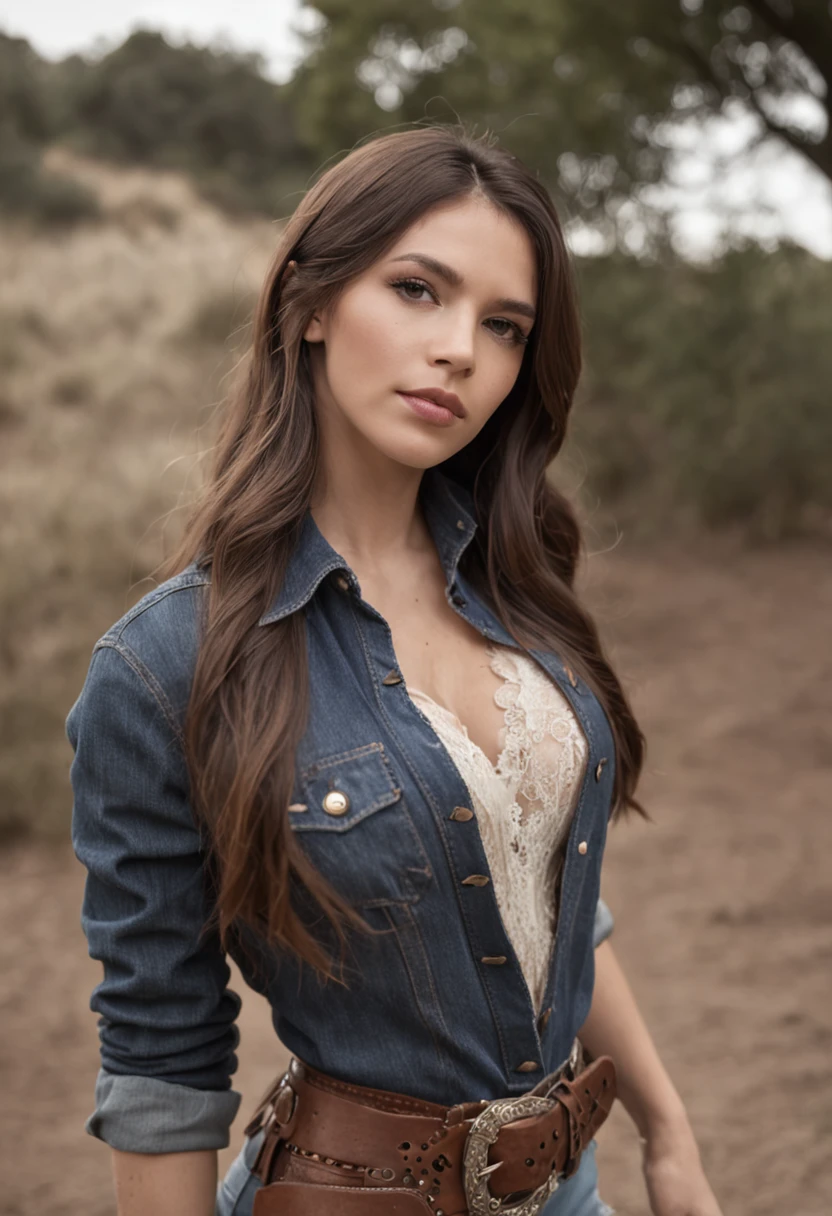 1 mulher, cowgirl, anatomia perfeita, corpo inteiro, cabelos pretos, olhando para o observador, long eyelashes, kalap, colete de couro, camisa branca amarrada na cintura, cinto de cowboy com fivela prata, shorts jeans, pantyhose, cowboy boots, old west cenário, golden hour