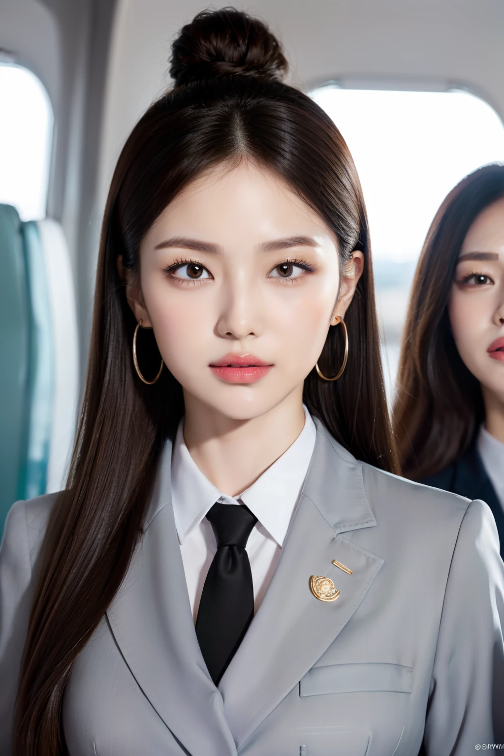 (best qualtiy，8k，tmasterpiece)，full bodyesbian，The flight attendants are amazing with their well-dressed appearance on the plane。They usually wear neat uniforms，Clothing is generally a professional suit。They may be wearing a well-fitting dress or trouser suit，Some of them may have brand logos，to present the image of an airline。
The makeup of flight attendants usually focuses on naturalness and sophistication。They choose a light foundation，Leaves skin looking smooth and healthy。They may use soft foundation and loose powder，Leaves skin looking natural and smooth。Eye makeup is usually minimalist，They may use light eyeshadow colors to accentuate the contours of the eyes，And use mascara to add brightness and definition to your eyes。Eyebrows are usually neatly groomed and padded to add contour。Pay attention to the neatness and softness of lip makeup。They may choose pastel lipstick or lip gloss，to maintain the harmony of the overall makeup。Nails are usually neatly trimmed，It may also be applied with a light color of nail polish，to show a neat and professional image。The attention to detail，Such as accessories and hairstyles。They may wear simple and elegant earrings、necklace and watch，to add highlights to the whole。Their hairstyles are usually neat、ren，It may appear as long groomed hair or a neat bun。Such details make them look more professional and elegant。