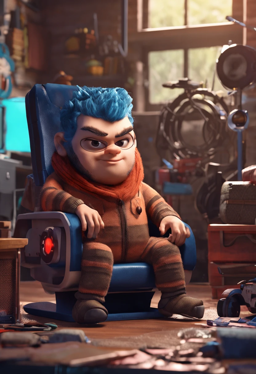 lindo monstro azul, fofo, peludo, sentado em uma cadeira gamer. Personagem estilo desenho 3d de filmes.