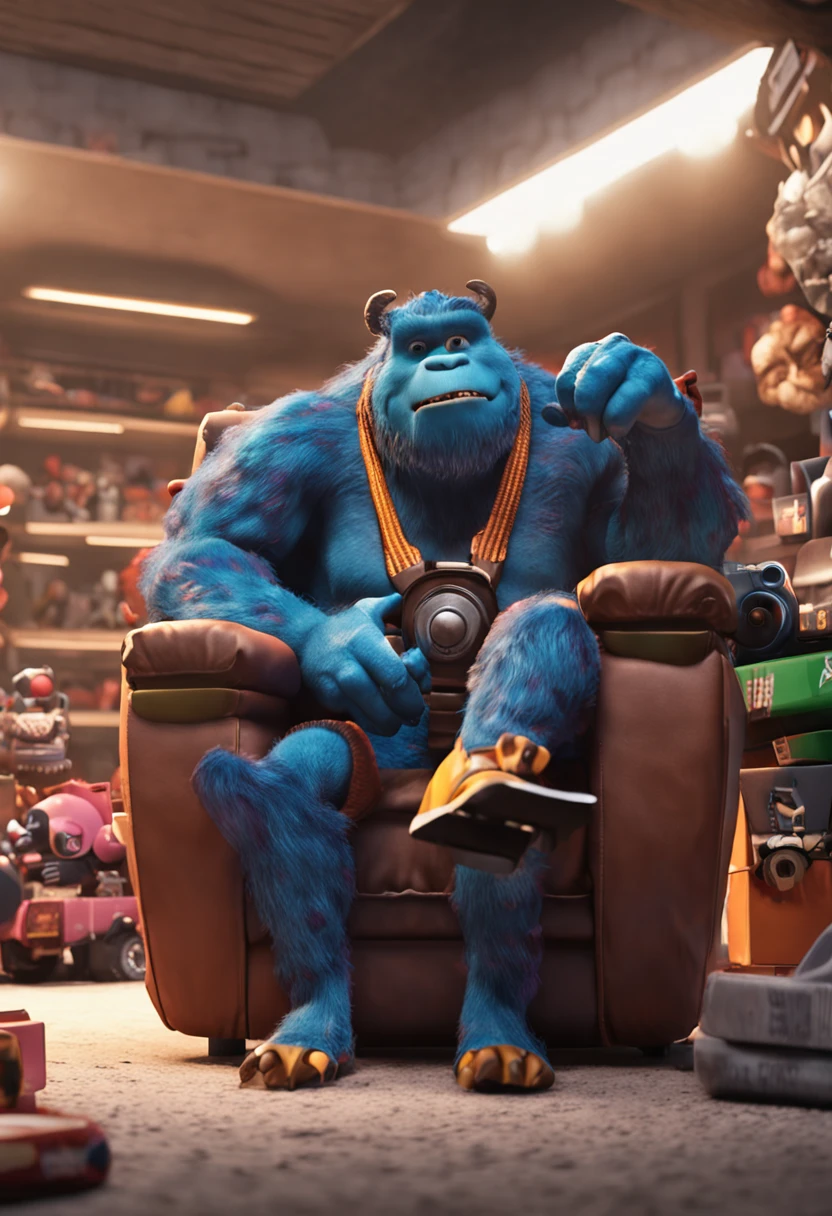 lindo monstro azul, fofo, peludo, sentado em uma cadeira gamer. Personagem estilo desenho 3d de filmes.
