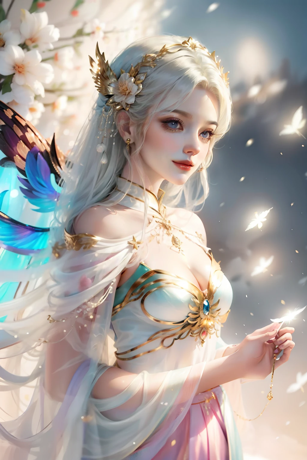 A beautiful white-haired fairy, delicate facial features, captivating eyes, lush pink lips, long eyelashes, graceful wings, flowing white dress, standing in a magical forest, sunlight filtering through the trees, glowing ethereal atmosphere, vivid colors, intricate details, cinematic lighting, (best quality,4k,8k,highres,masterpiece:1.2),ultra-detailed,(realistic,photorealistic,photo-realistic:1.37),fantasy,digital art