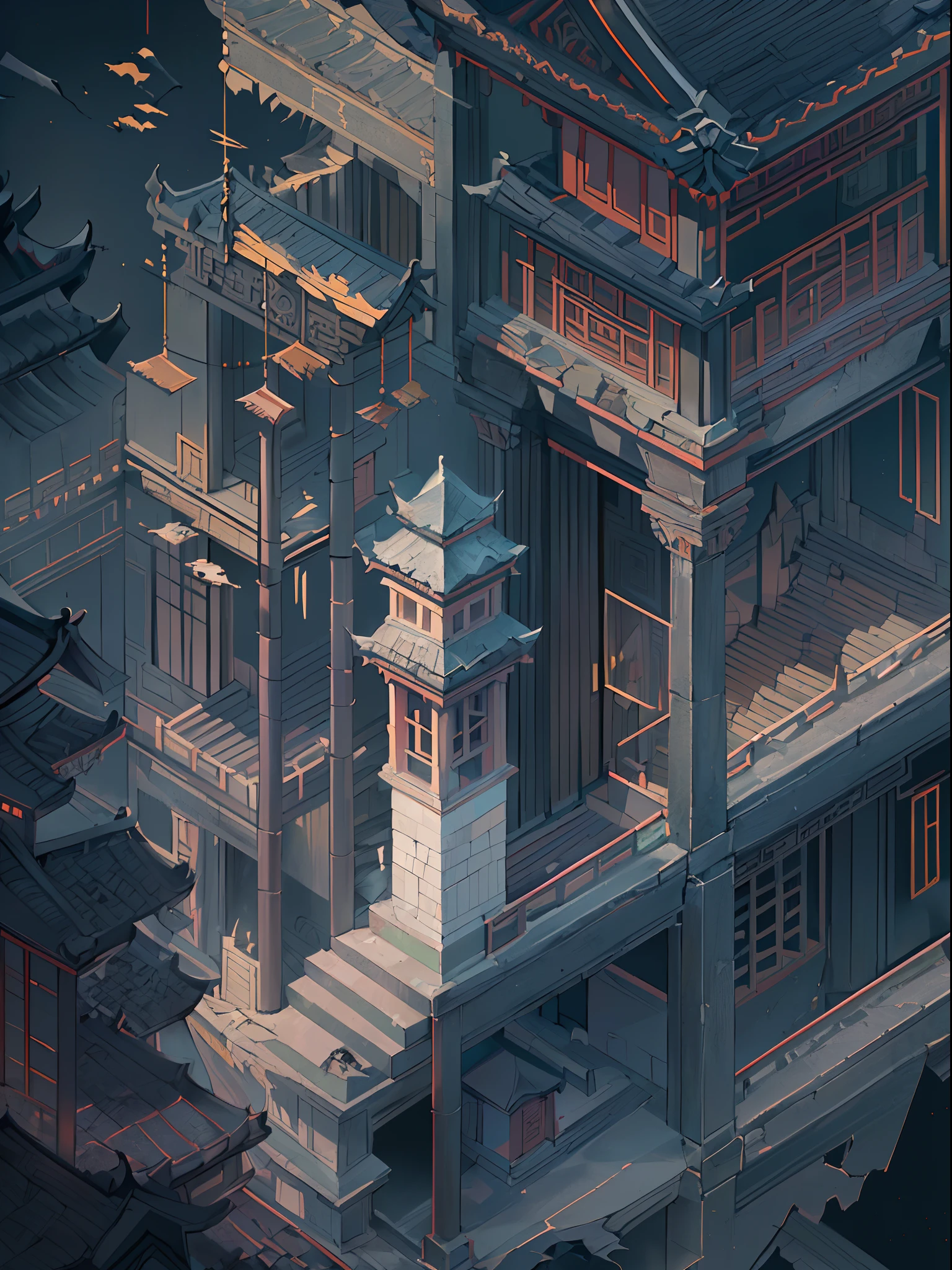 (isometry:1.5), (Masterpiece, Top quality, Best quality, offcial art, Beautiful and aesthetic:1.2),(16k, Best quality, Masterpiece:1.2),architecture, [:(Black background:1.5):40],Simple background,east asian architecture, (Simple background:1.5), scenery, No Man, stairways, Building, wall, Doorway building, stairways, Chinese architecture,(Night:1.5),(Torn:1.5)