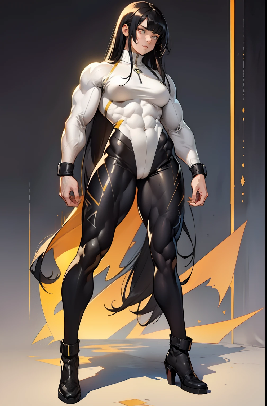 (((((1 girl))))), black hair, yellow eyes, very long hair, ((((((muscular)))))), tall, pale skin, bodysuit, ((full body)), (solo)