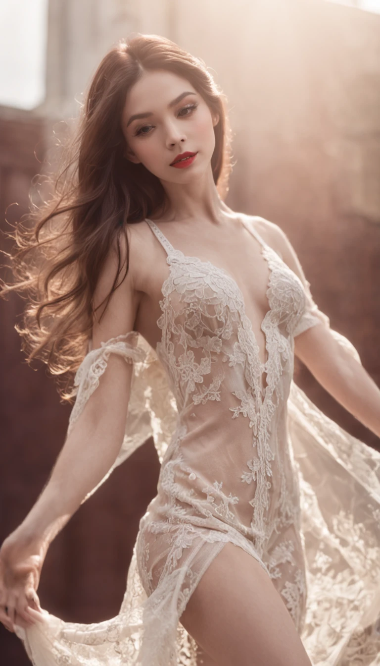 Young beautiful girl dancing,Delicate lace-trimmed bra,Long flowing hair,exquisite facial features,Seductive red lips,exquisite collarbone,Slender legs,perfect bodies,Beautiful dancing,Pure lust,ellegance,stage lighting,Dry ice smoke effect,Beautiful looking landscape background,8K,detail-rich,Works of masters