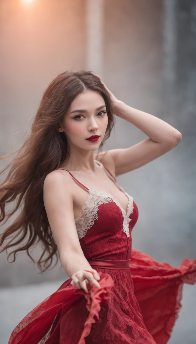 Young beautiful girl dancing,Delicate lace-trimmed bra,Long flowing hair,exquisite facial features,Seductive red lips,exquisite collarbone,Slender legs,perfect bodies,Beautiful dancing,Pure lust,ellegance,stage lighting,Dry ice smoke effect,Beautiful looking landscape background,8K,detail-rich,Works of masters
