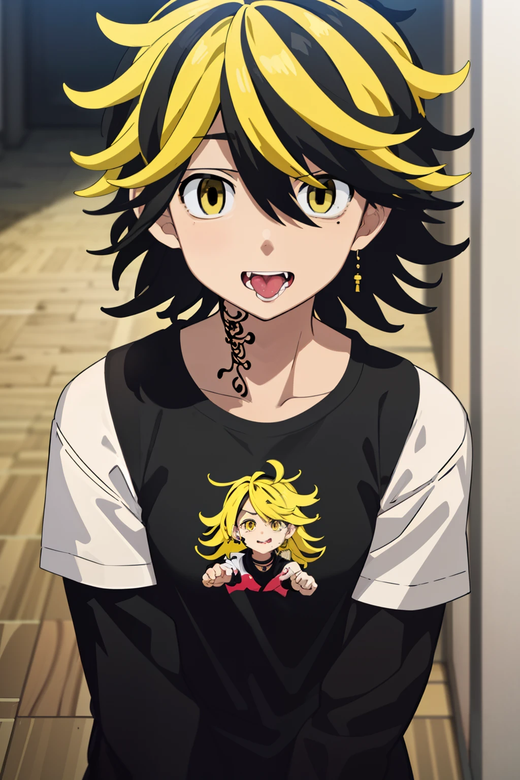 masutepiece, Best Quality, High quality, 1boy, Solo, Male Focus, Looking at Viewer, Upper body, hanemiya_Kazutora, Blonde hair, Black hair, Yellow eyes, multicolored hair,childish,be shy,feel shy,kawaii pose,👅