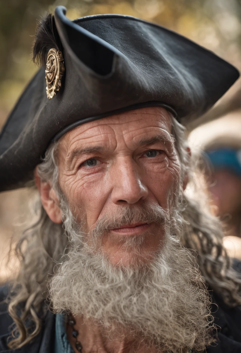 Crie para mim uma imagem de um homem ingles que possa ser chamado de ingles voador, lembrando vagamente um pirata, with a wise face;, but intrepit and sarcastic, demonstrando serenidade, com cabelos pretos e chapeu imponente