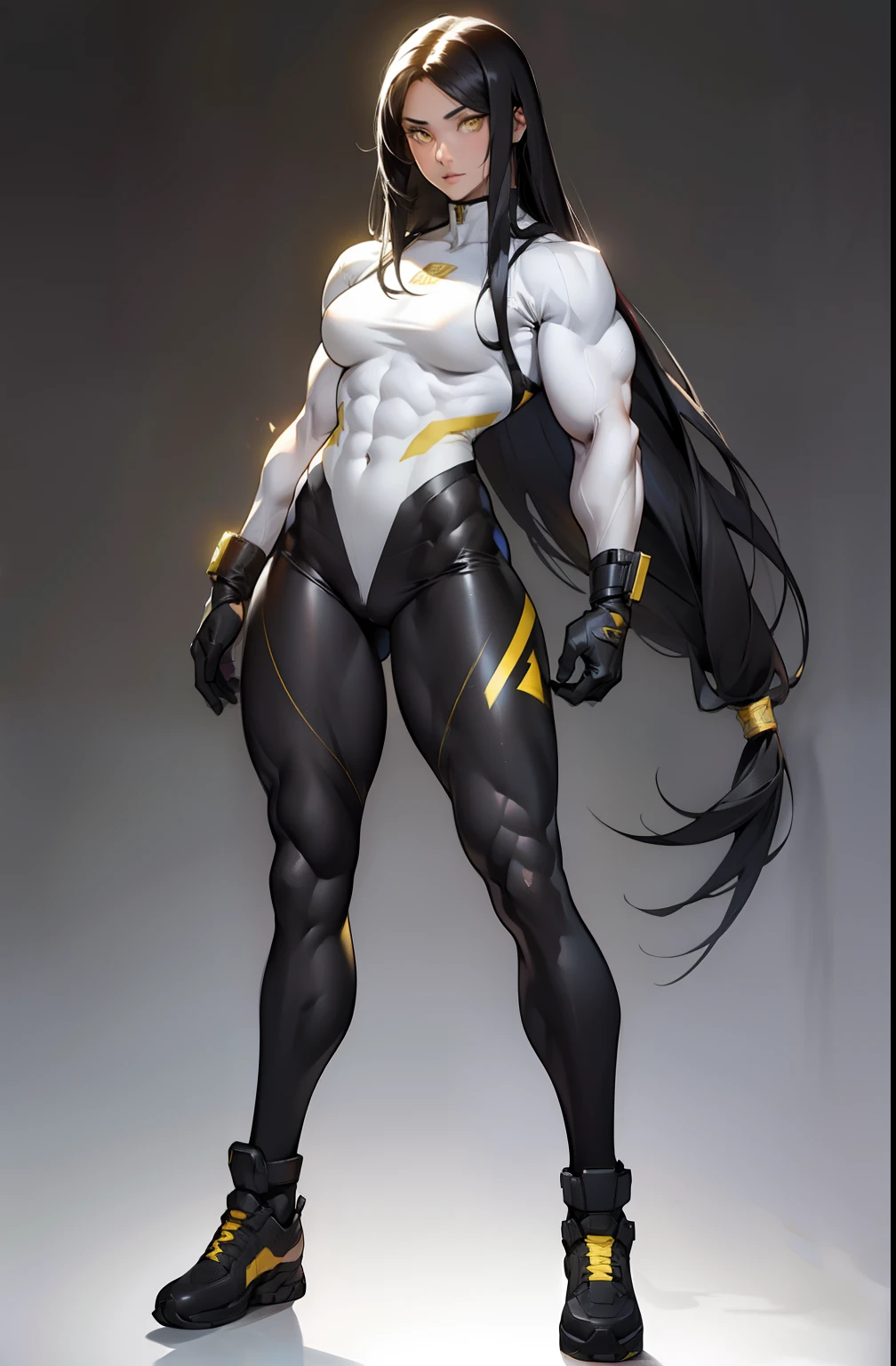 ((grey background)), (((((1 girl))))), black hair, yellow eyes, very long hair, ((((((muscular)))))), tall, pale skin, (full body), bodysuit, (solo), curvy, wide hips, thick thighs, small breasts