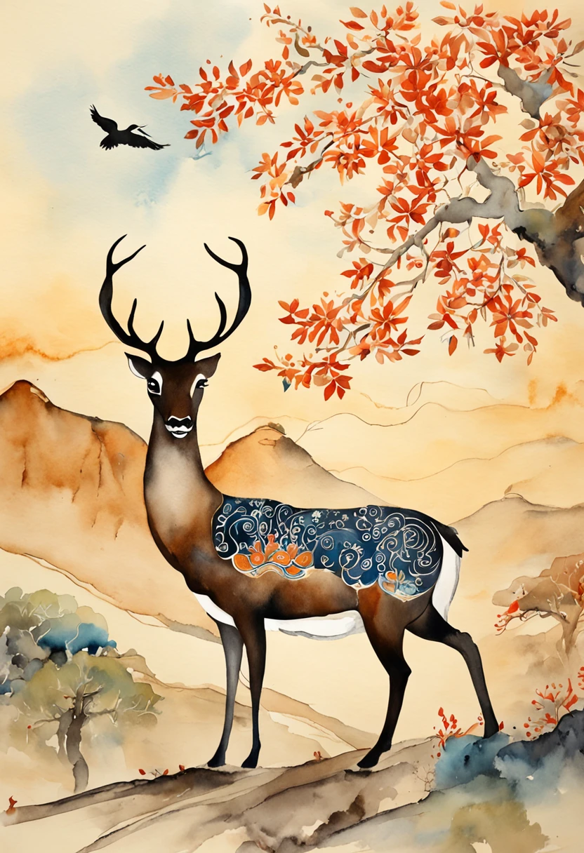A deer,A crow,The wide Ganges,and the sun was shining brightly,A tranquil,aethereal,Dunhuang mural style