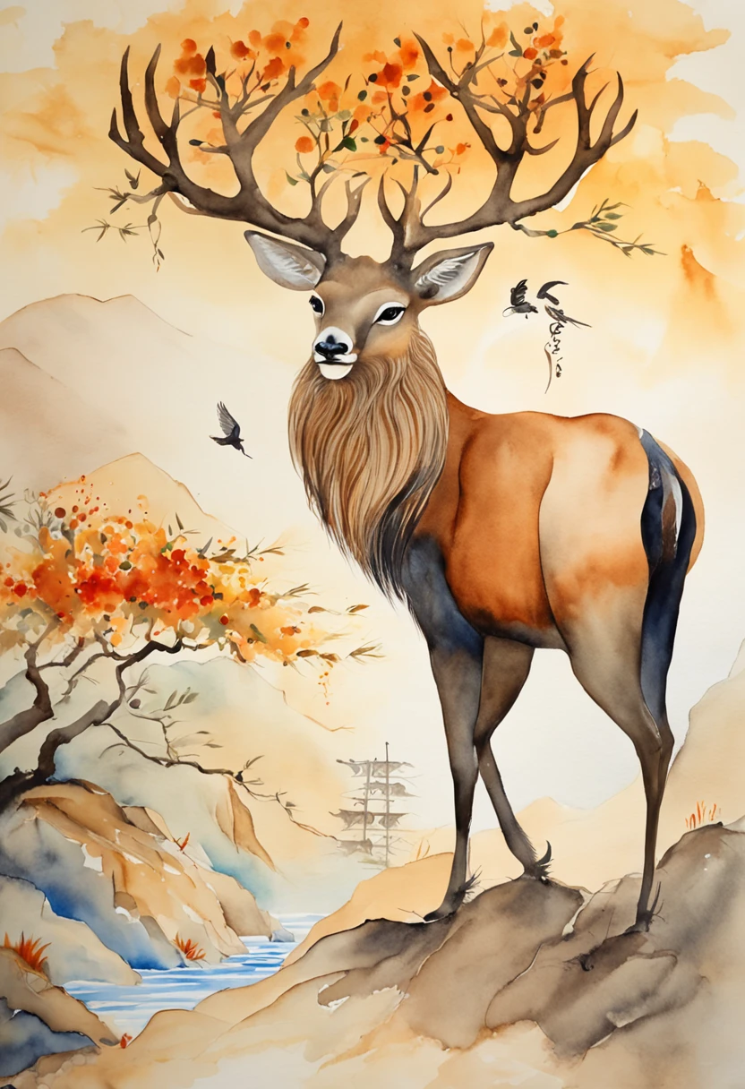 A deer，A crow，The wide Ganges，and the sun was shining brightly，A tranquil，aethereal，Dunhuang mural style