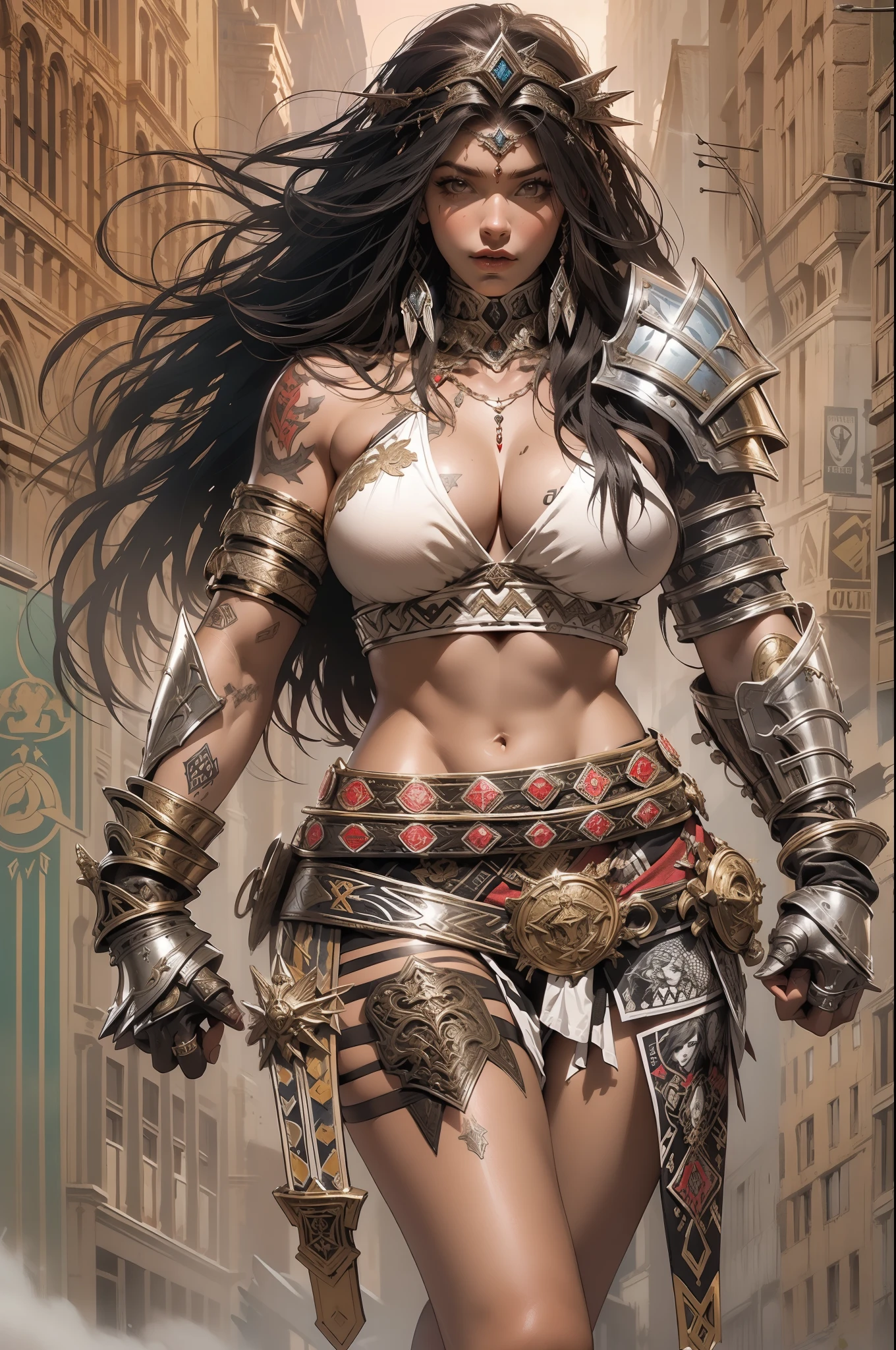(((mulher))), (((melhor qualidade))), (((obra prima))), (((adulta))), Uma guerreira mulher de 35 anos com corpo perfeito, Brooklyn Gladiators, (( under boobs )), quase nua no estilo selvagem urbano de Simon Bisley para a capa da revista Heavy Metal, cabelo loiro, Minimum clothing, red and white checkered pattern, armadura, cheio de pontas e rebites, tatuagem tribal, (((do joelho pra cima))), cabelo desalinhado