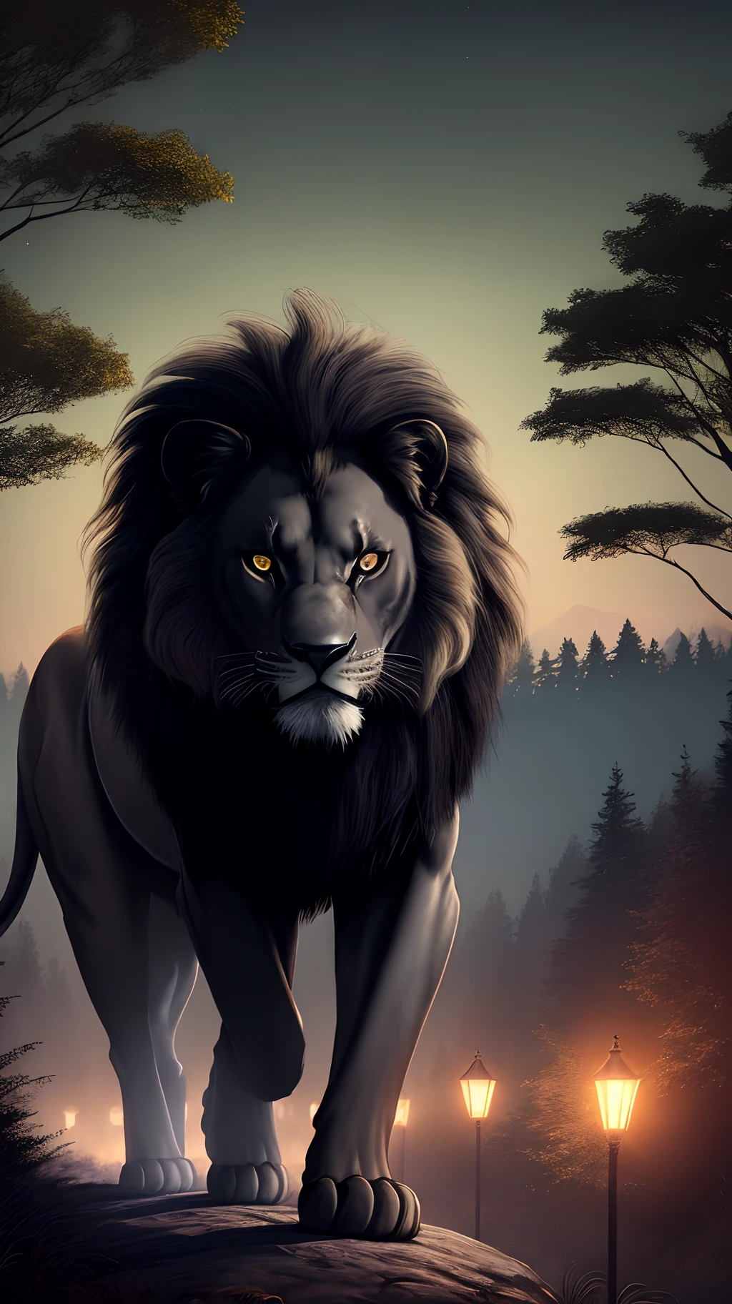 Black lion at night with forest in the background