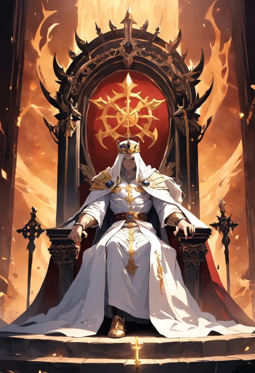 Kindly, Generate an image of an imposing man wearing a crown on his head, Sitting authoritatively on a special throne,This throne is located in the center of the radiant cross. He wears a white cloak,Flow around him, Adding a touch of mystery to his figure. In one of your hands, He held a sword that looked majestic. The whole scene takes place during the day, The cobblestone streets cast deep shadows. Around the throne, 火焰, Crackling and shining;, Cast a sinister glow around you. His glow disturbed the whole scene。Around the throne,There are 8 Valkyries with different looks and figures,The combination of daylight and flame creates dramatic contrasts, Revealing the details of the throne, 3D,