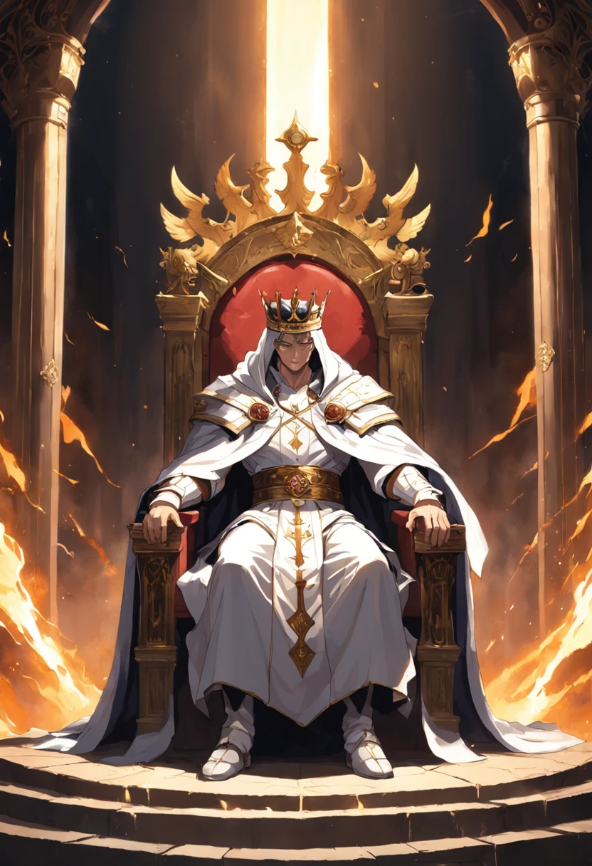 Kindly, Generate an image of an imposing man wearing a crown on his head, Sitting authoritatively on a special throne，This throne is located in the center of the radiant cross. He wears a white cloak，Flow around him, Adding a touch of mystery to his figure. In one of your hands, He held a sword that looked majestic. The whole scene takes place during the day, The cobblestone streets cast deep shadows. Around the throne, 火焰, Crackling and shining;, Cast a sinister glow around you.  His glow disturbed the whole scene。Around the throne，There are 8 Valkyries with different looks and figures，The combination of daylight and flame creates dramatic contrasts, Revealing the details of the throne, 3D,