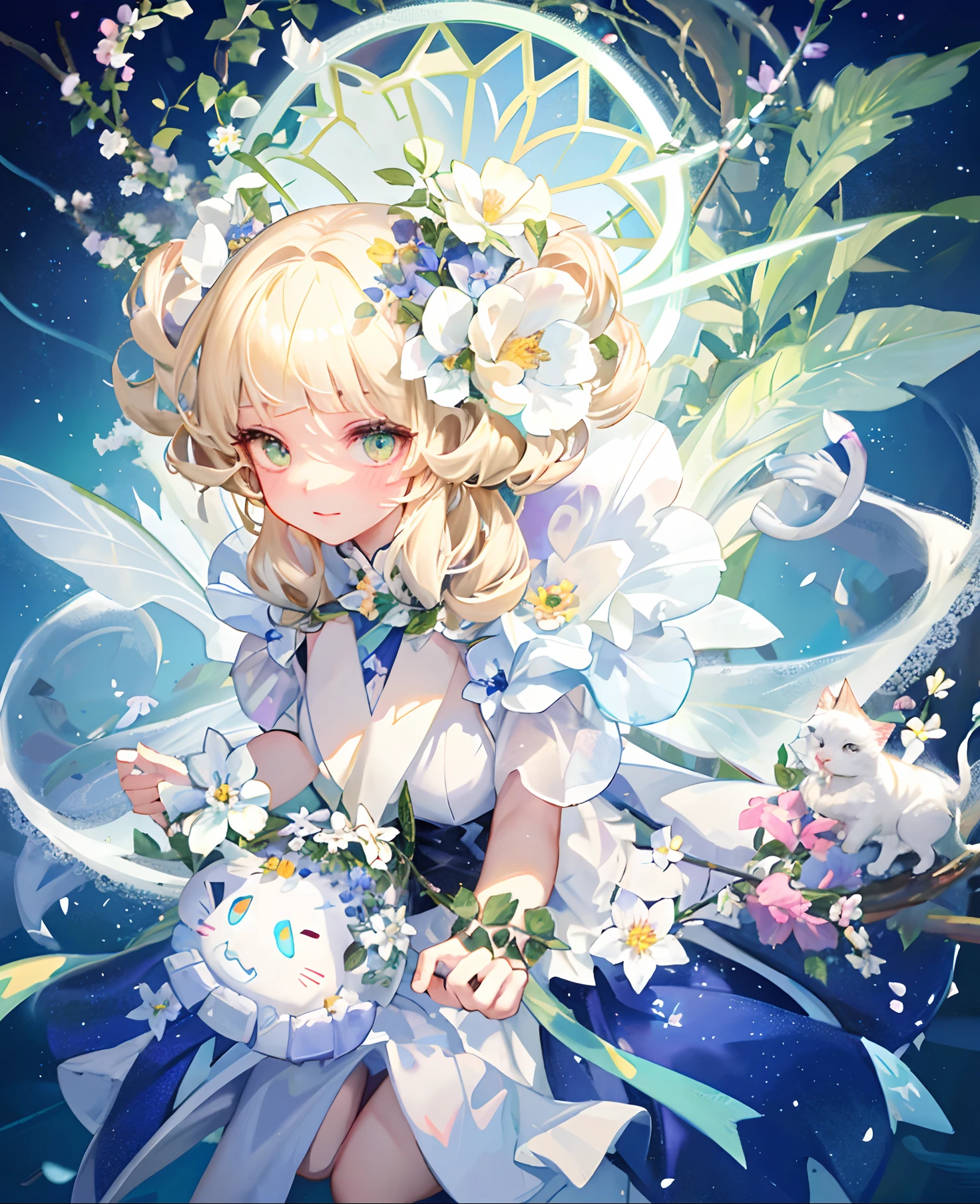 with colorful flowers and greenery,one-girl,Transparent white skirt,the Flower Fairy,coiffed blonde hair,A white cat,Magic wand,Luminous pentagram,Colorful flowers cover the picture,The whole scene is full of youthful energy。