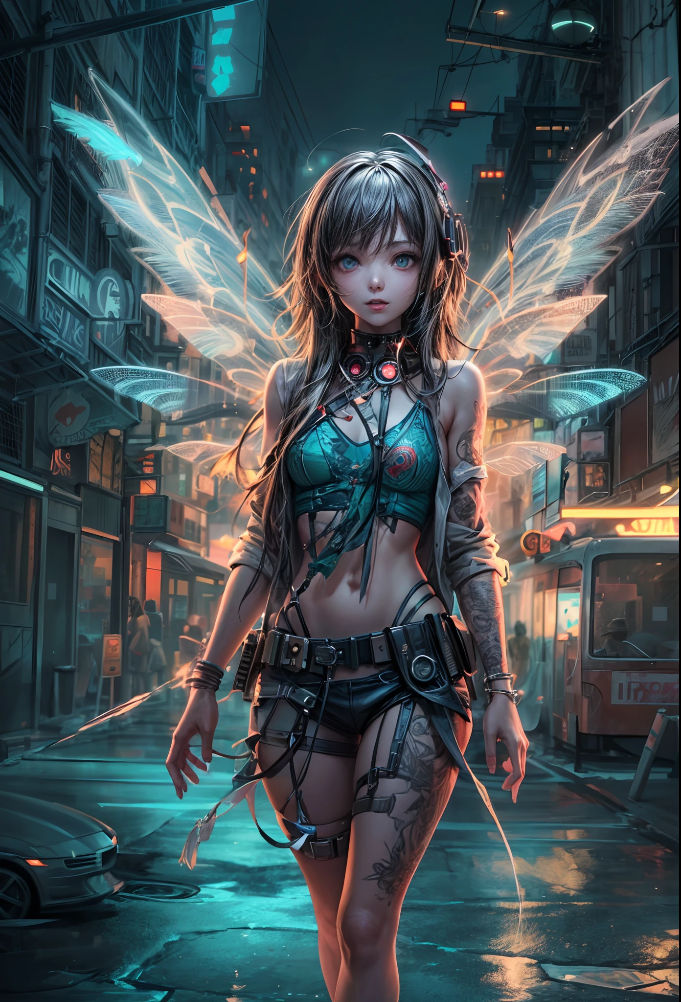 2D illustration full body front view shot, portrait, cinematic shot, Carne Griffiths,

fairy Loli, small stature, tiny, happy, energetic, elegant, flying in the cyberpunk city, wearing fantasy forest fairy garb, detailed accessories, (fairy wings), long hair, ultra detailed garb, detailed face, detailed eyes, detailed mouth and lip, ultra detailed intricate cyberpunk city background, 

(2D illustration, 2D vector art, 2D digital painting, 2D flat color, 2D art, contrast, detailed pencil stroke, detailed brush stroke, perfect anatomy),

(neon light reflection, detailed light reflection, city light reflection, ultra detailed reflection, head light reflection),

cinematic lighting, studio lighting, dynamic lighting, neon light, volumetric lighting,

masterpiece, professional work,