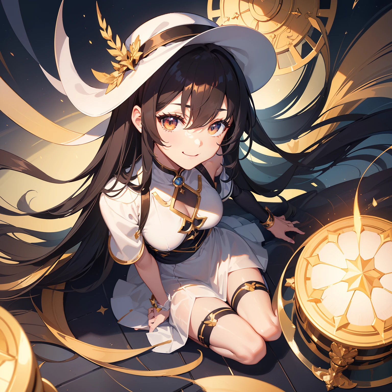 Ultra-detailed CG drawings、(masterpiece:1.4)、top-quality、a smile、Black long hair、Shiny hair、Cap cap、white t-shirts、Exposed thighs、Cute Girl、((enchanting posture:1.2, enticing:1.2)), From above、(SHINES)、Best Shadows
