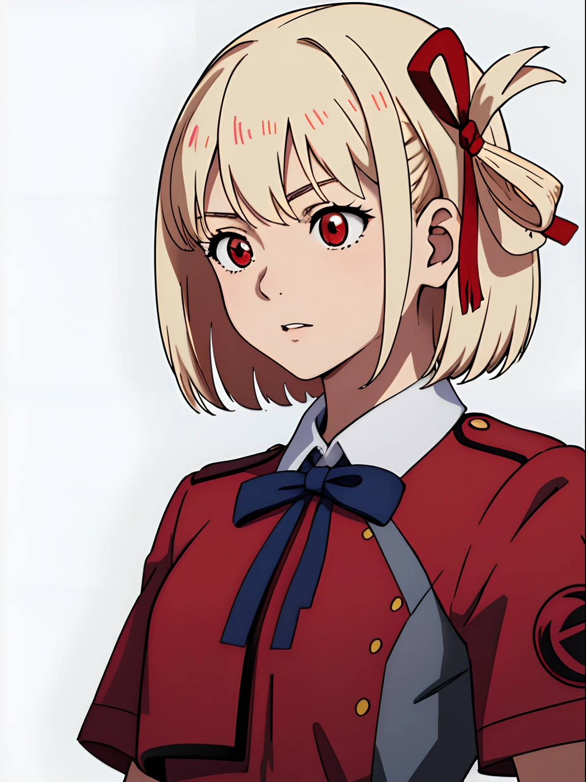 simple background、(​masterpiece、top-quality:1.2)、((facing front:1.2))、With bangs、Young woman at 、((The upper part of the body:1.2))、Promotional Art、offcial art、red school uniform、platinum-blonde、Red ribbons、red eyes