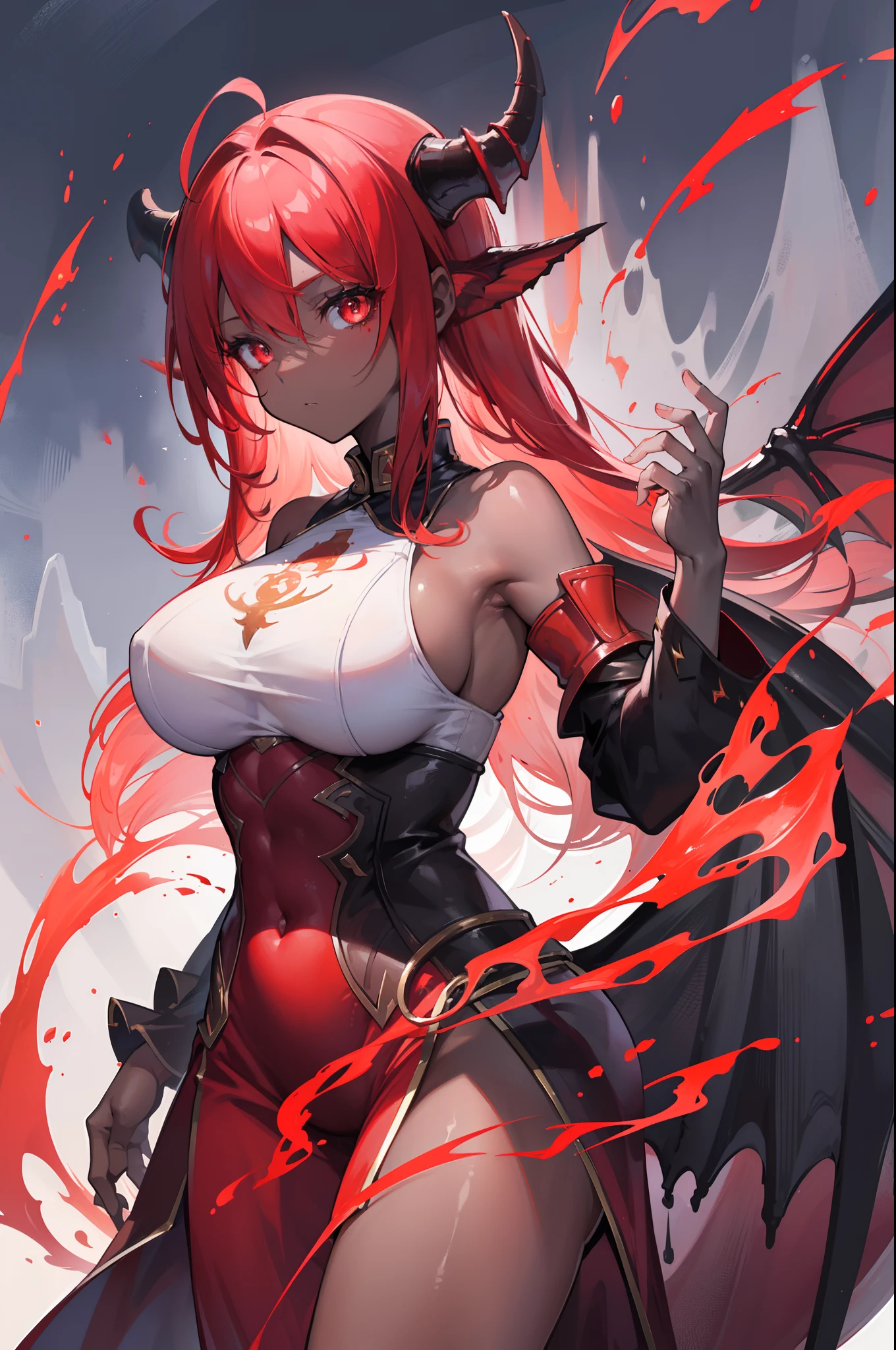 masterpiece, Very detailed, ultra detailed, one, (1 woman), she is in futuristic neon red armor, with a large spear and in an elegant position, super mature, Tall, milf style, Mature mother, super long hair, straight hair , bright blood red hair and straight bangs, thin dragon horns, Handsome, Charming, Heterochrome dragon eyes (red eye and blue eye), elegant, large breasts (Huge, ripped), bare chest, perky breasts, evil smile, Charming, six press packs, dark background, futuristic setting on a Huge red foggy background.