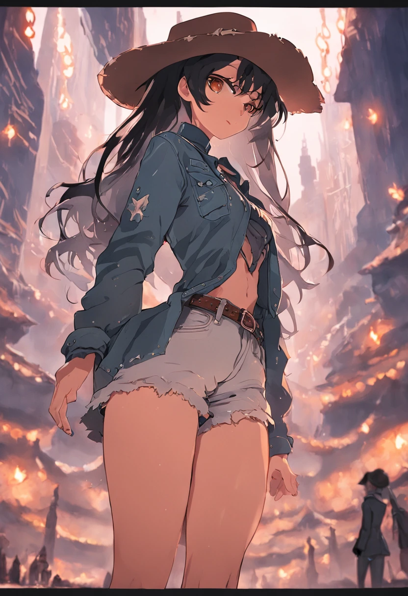 1 mulher, cowgirl, anatomia perfeita, corpo inteiro, cabelos pretos, olhando para o observador, long eyelashes, kalap, colete de couro, camisa branca amarrada na cintura, cinto de cowboy com fivela prata, shorts jeans, pantyhose, cowboy boots, old west cenário, golden hour