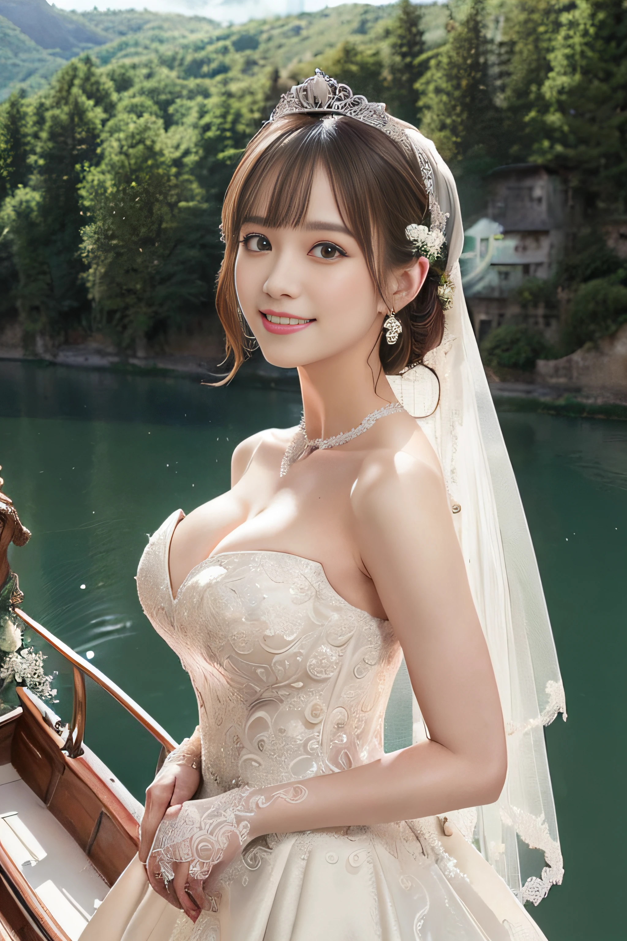 (Best Quality, masutepiece:1.2), (Realistic:1.3), (hyper detailed background, Detailed background), Bokeh,Shooting from the side,  ((medium breasts)), [Beautiful valley],(Princess Line Wedding Dresses:1.3),(Boat neck:1.5), Bridal tiara, Bridal Veil, bridal gauntlets,  Upper body, Church wedding hall on the hill, Teenage, Cute,Smiling,