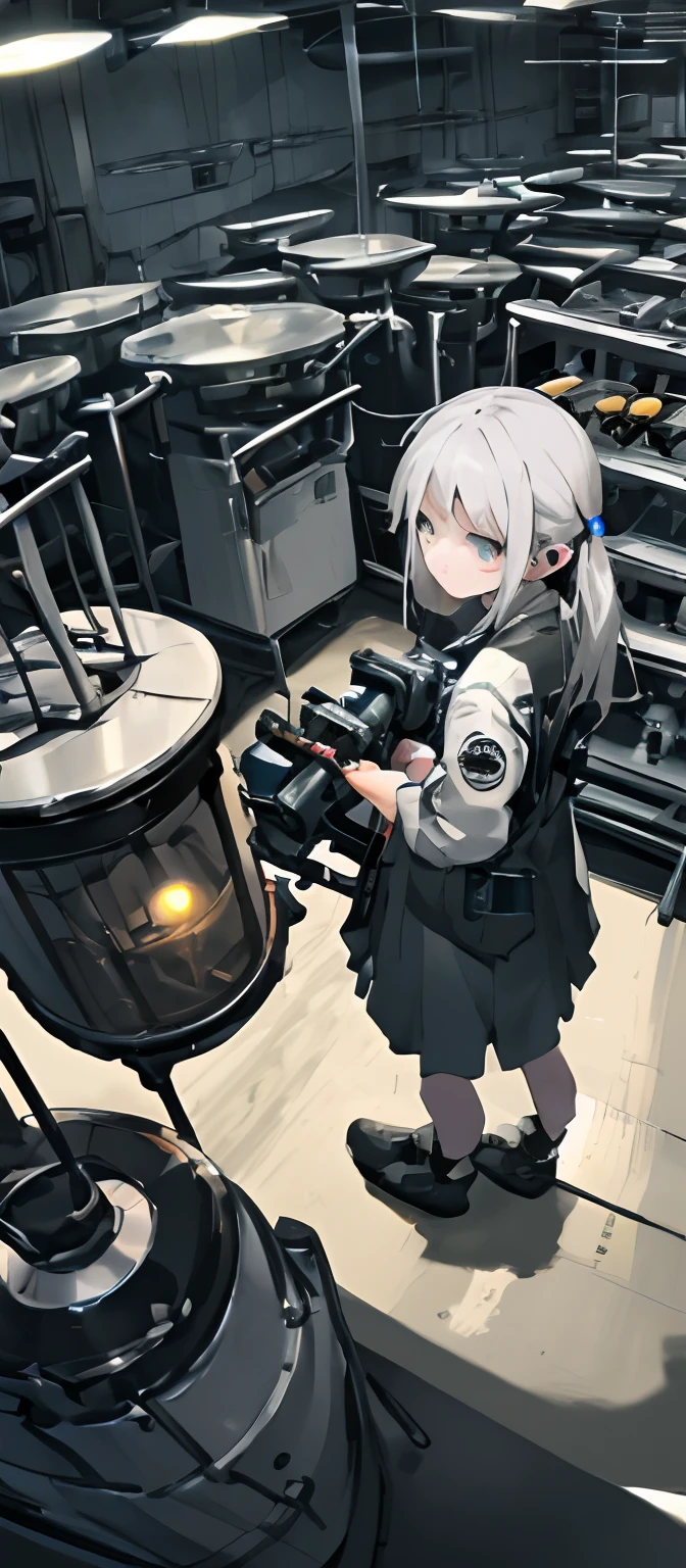 Standing in a dimly lit laboratory,Experiment setup,There are broken jars on the ground,formalin,apathy,The environment is dim,pipe,Experimental equipment,Cute girl,From above,Fragmentation,looking at viewert,destroy,unhelpless,Wear less,The grounds are wide,looking at viewert,Look down from above,holding a weapon,back to look back,Wear less,abandoned laboratory,incomplete,The girl is broken