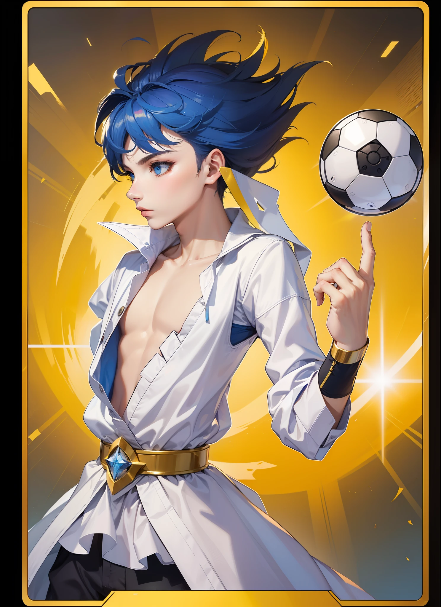 1boy((master part,melhor qualidade,extremely high quality,,)),cabelos brancos, halo branco, halo estilo arquivo azul, Standing