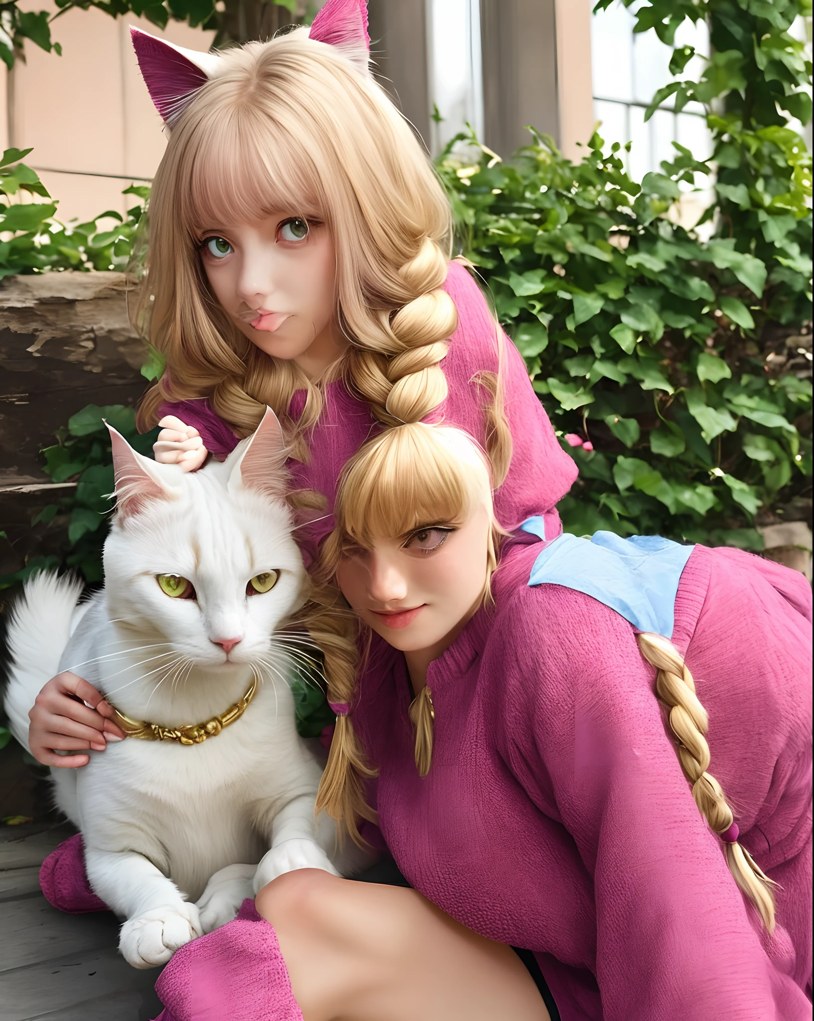 Lively girl,White cat ears and tail,Pink twist braid,Golden eyes,jk