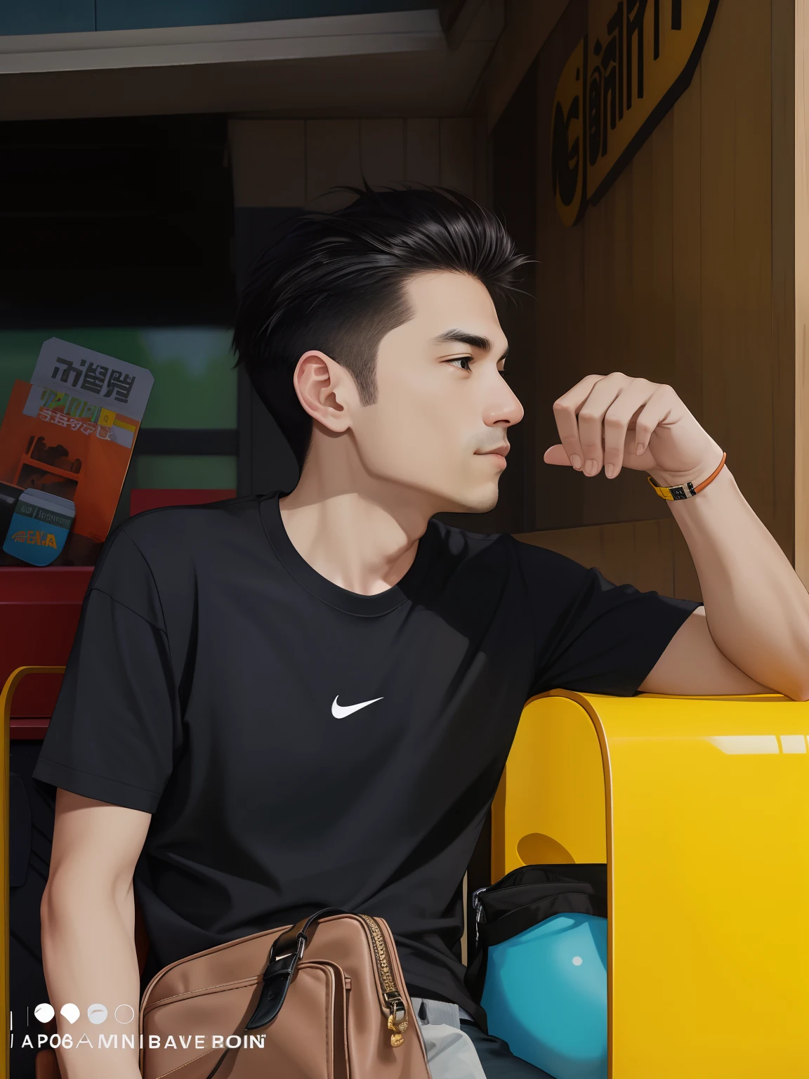 there is a man sitting on a yellow bench with a bag, wearing black tshirt, he is wearing a black t-shirt, profile portrait, wearing a black tshirt, by Abidin Dino, casual photography, wearing a black t-shirt, taken with canon 8 0 d, with long hair, casual pose, taken with sony alpha 9, looks candid
