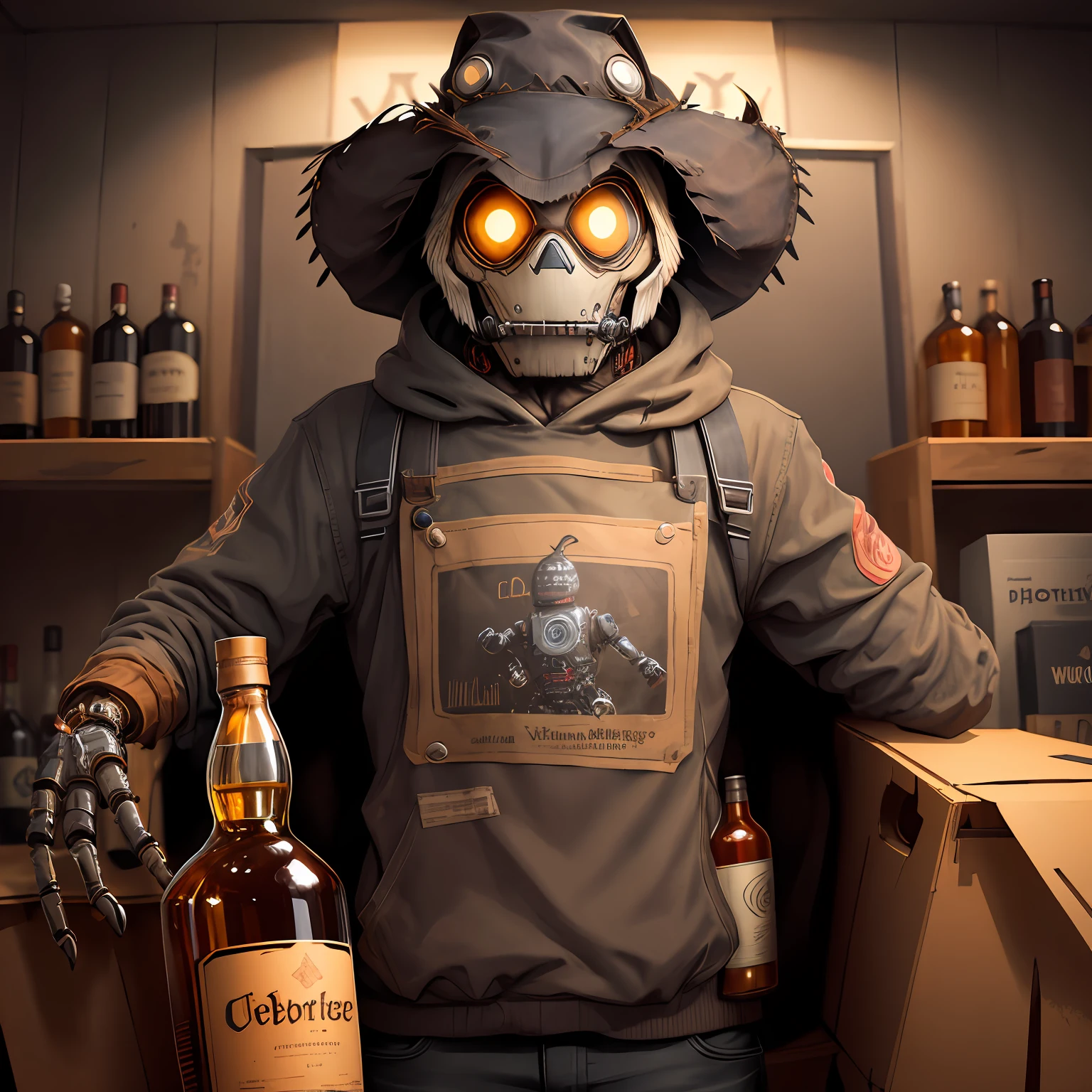 Create a cybernetic scarecrow with a bottle of whiskey in your hands