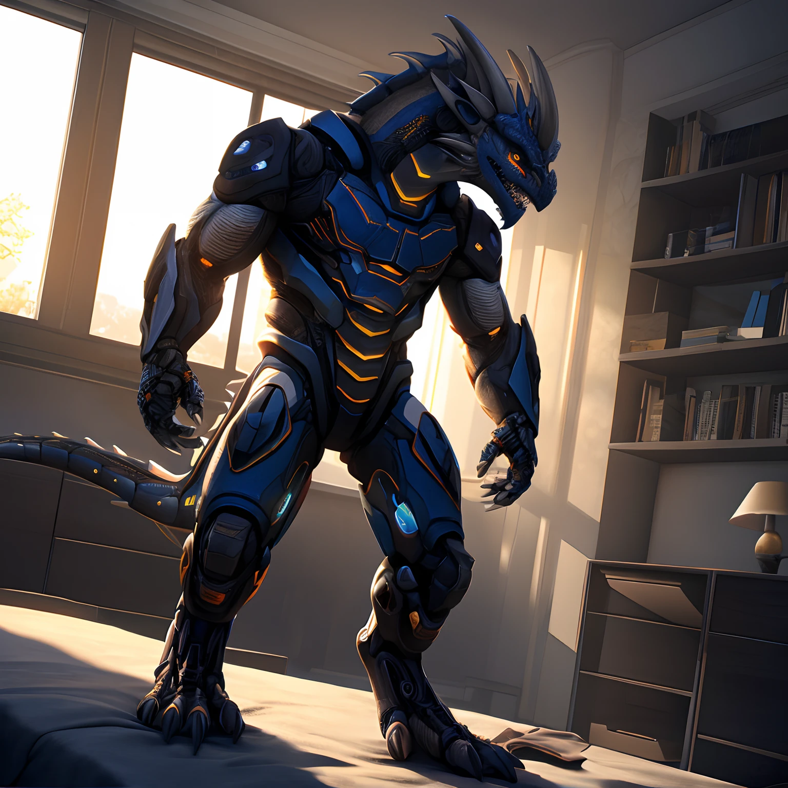 An advanced bionic mech, cybrog, anthro, dragon, female, full body, Delicate face, Delicate eyes, 1 tail, (glowing LED), energy, digitigrade,Inside sat on the bed in the apartment, extremely detailed CG unity 8k wallpaper, realistic, masterpiece, highest quality, lens flare, unreal engine, trending on ArtStation, Intricate, High Detail, dramatic, realism, beautiful and detailed lighting, Sandals