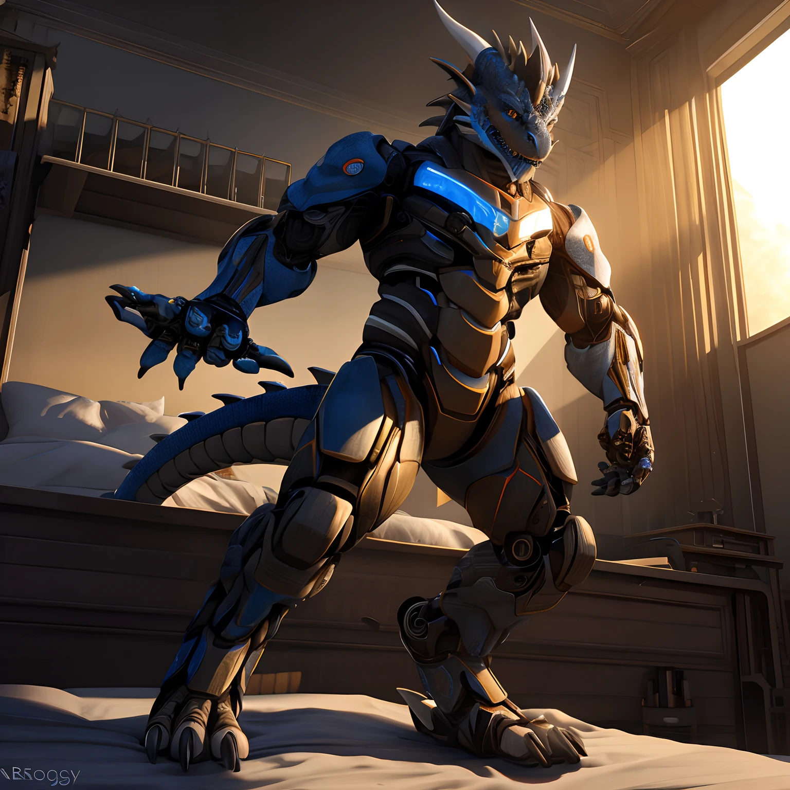 An advanced bionic mech, cybrog, anthro, dragon, female, full body, Delicate face, Delicate eyes, 1 tail, (glowing LED), energy, digitigrade,Inside sat on the bed in the apartment, extremely detailed CG unity 8k wallpaper, realistic, masterpiece, highest quality, lens flare, unreal engine, trending on ArtStation, Intricate, High Detail, dramatic, realism, beautiful and detailed lighting, Sandals