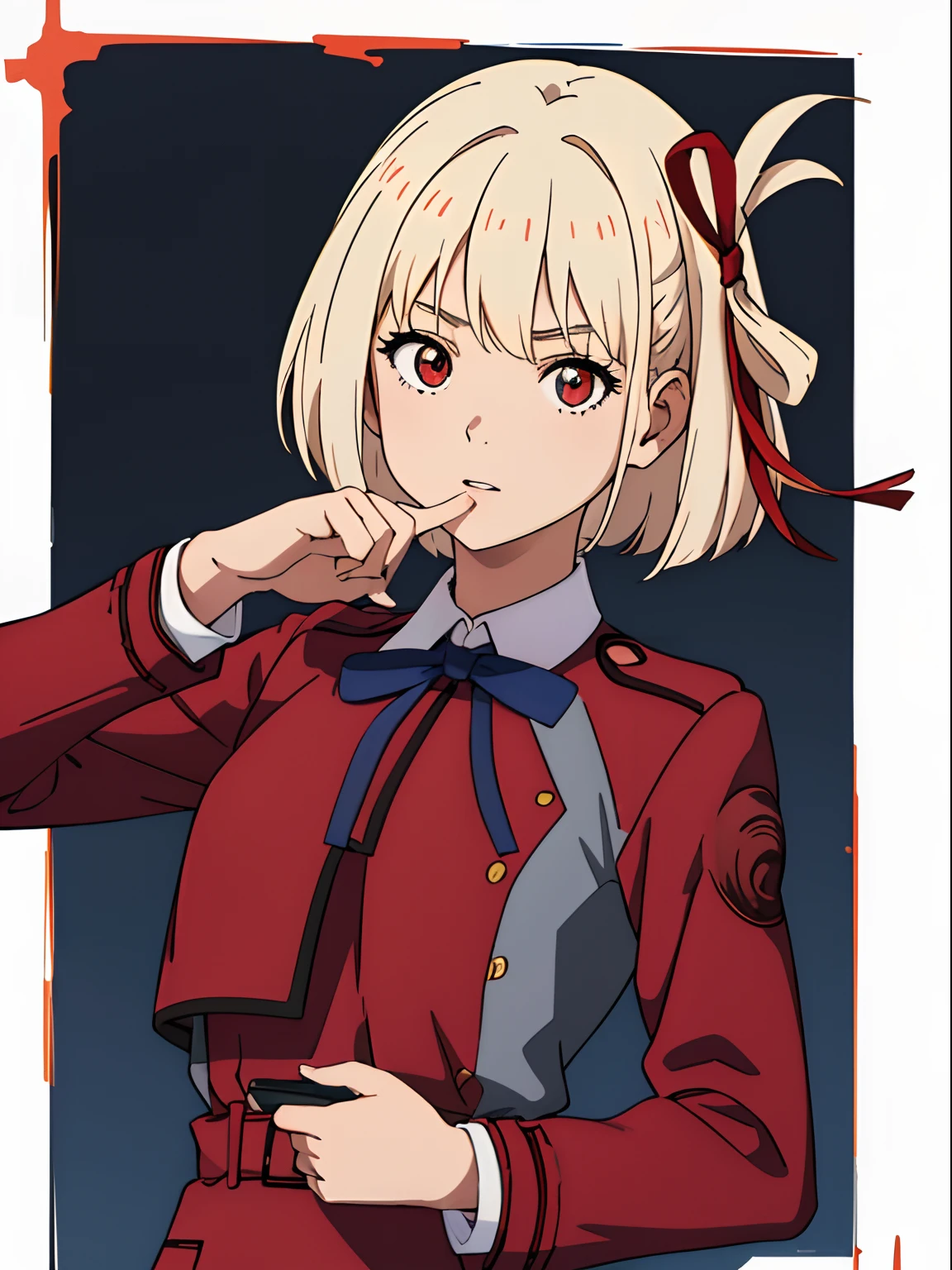 simple background、(masterpiece、top-quality:1.2)、((facing front:1.2))、With bangs、Young woman at 、((The upper part of the body:1.2))、Promotional Art、offcial art、red school uniform、long-sleeve、platinum-blonde、Red ribbons、Amber eyes
