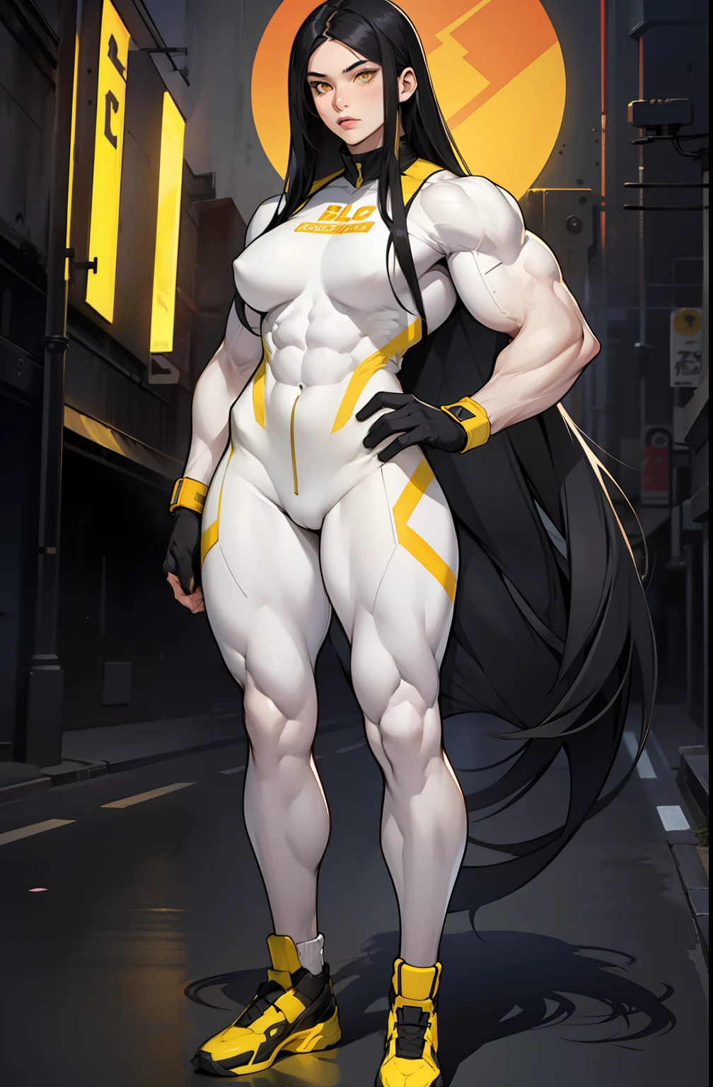 (((((1 girl))))), black hair, yellow eyes, (very long hair), ((((((muscular)))))), tall, pale skin, bodysuit, ((full body)), (solo)