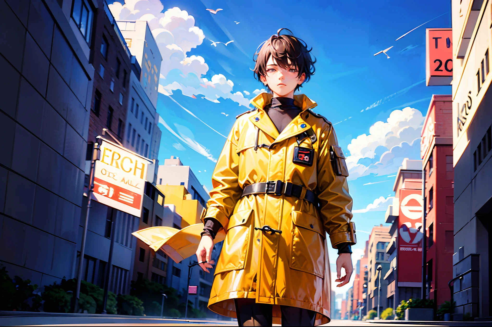 a teenager boy on, Multi dimentional world, earth collapse, blue sky, messed city, master piece, best quality, coat, high resolution, detailed description of face