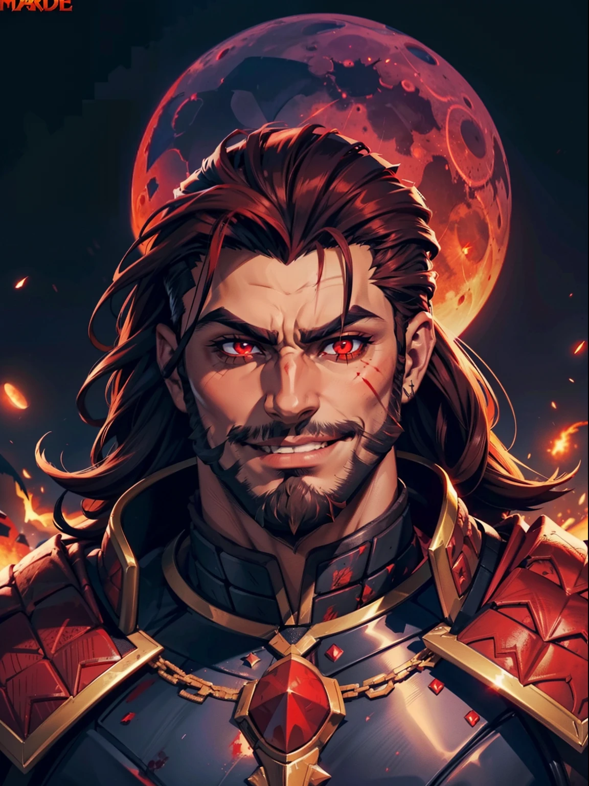 Dark night blood moon background, Hades style, game portrait. Sadurang from Marvel, hunk, buffed physics, short mane hair, mullet, defined face, detailed eyes, short beard, glowing red eyes, dark hair, wily smile, badass, dangerous. Wearing full armor with red dragon scales, cape of furs.  Breath fire.