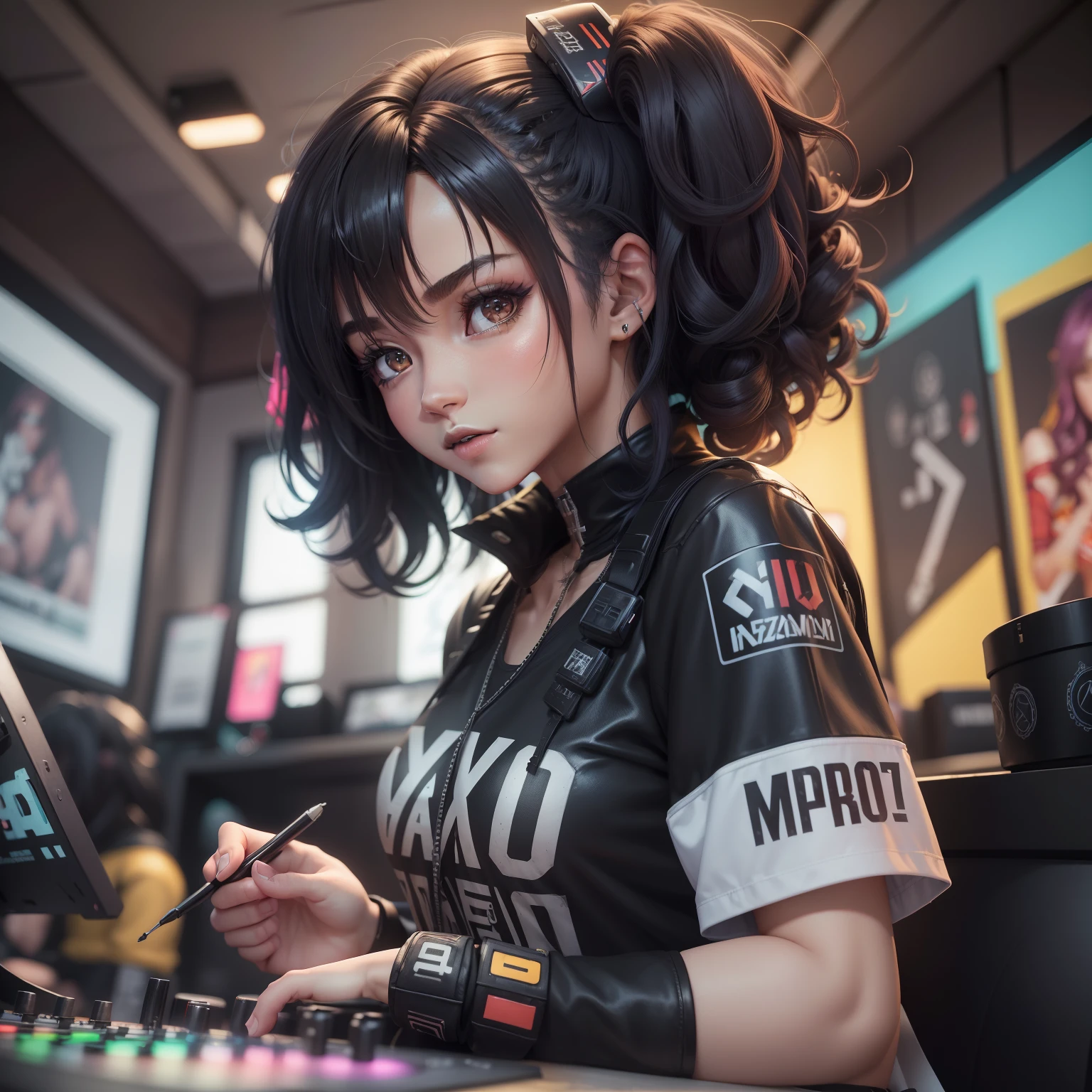 translate masuter piece、super-fine、A hyper-realistic、Handsome male artist in DJ outfit with black top and headphones、dj set、Sportsbra、dj rave headphones, Sportsbra, headphones、dj at a party、 dj rave party、CGstation、( ((Huge speaker in the background)))、((((All the walls are speakers)))、(curly hair with bangs tied back )、Beautiful hair、interior color、 smoky from English