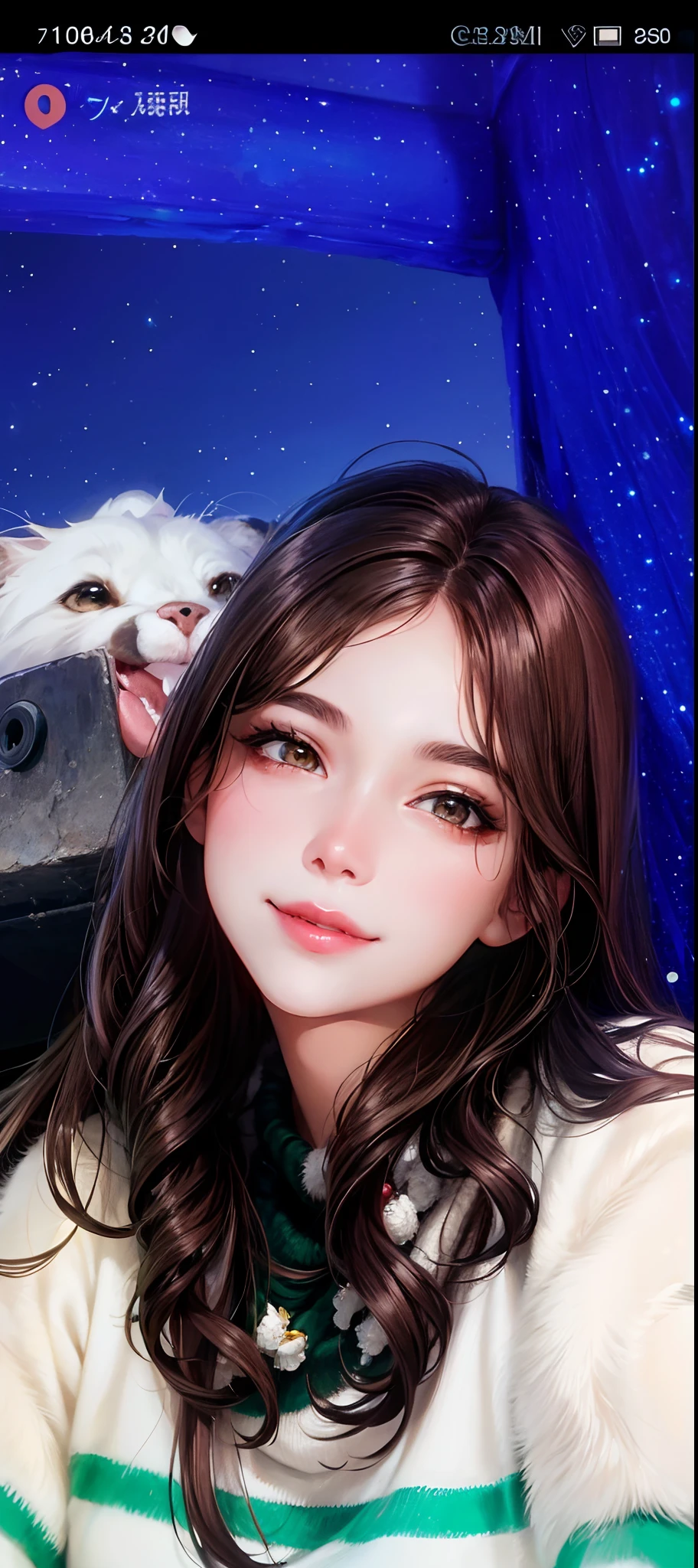 Beautiful, 1girl, brown hair, brown eye, face detail, red lips, closed smiled mouth, cute face, white sweater and green line, extremely quality, best quality, 32K, 8K, ultra HD, smile, very beautiful