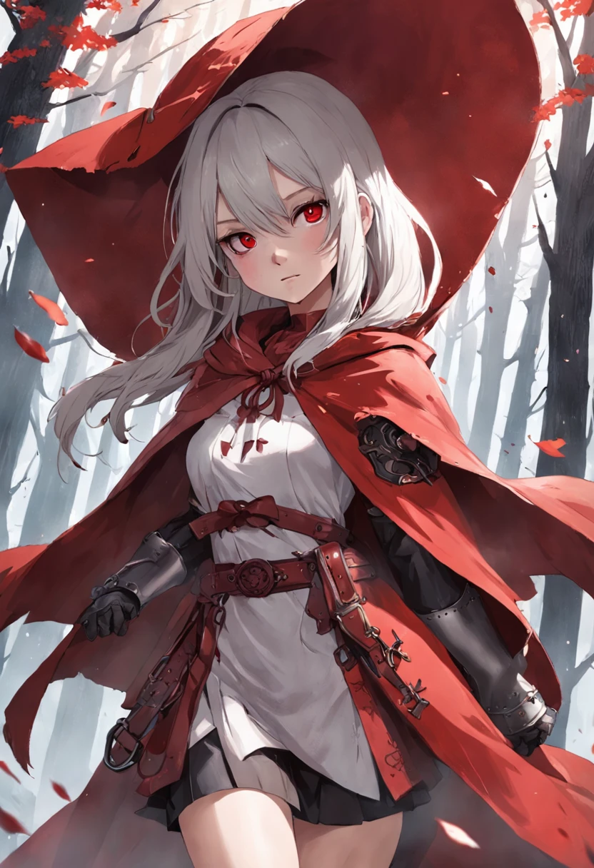 Its beautiful Little Red Riding Hood，Little Red Riding Hood floated in the air with a cold expression。She looked twelve or thirteen years old，The complexion is pale，Tall and tall，Cold and glamorous，Full of wildness，Her hood、The shawls were as bright red as blood，Under her shawl，It is a linen power suit with a bundled body，It has a leather shoulder strap across the chest，Wear a python fur belt at the waist，Pedal deerskin boots。And the one that matches this outfit，It was a short sword shining with a cold light、Hammers and throwing knives... An invisible force bloomed from within her，Form a force field of a perfect circle，The surface of the mud under its feet is semicircular and concave。Subtle makeup，prime time，realisticlying，hight contrast，8k HD，A detailed，hyper-detailing，realistic skin textures，Cover the red hood，big cleavage breasts，best qualtiy，超高分辨率，RAW photogr，dramatic  lighting，unreal-engine，diffused glow，Complex red hood，exteriors，Realistic detailed dark forest，falling leaf，light wind，（Take the slaughter wolf's head and drip blood）