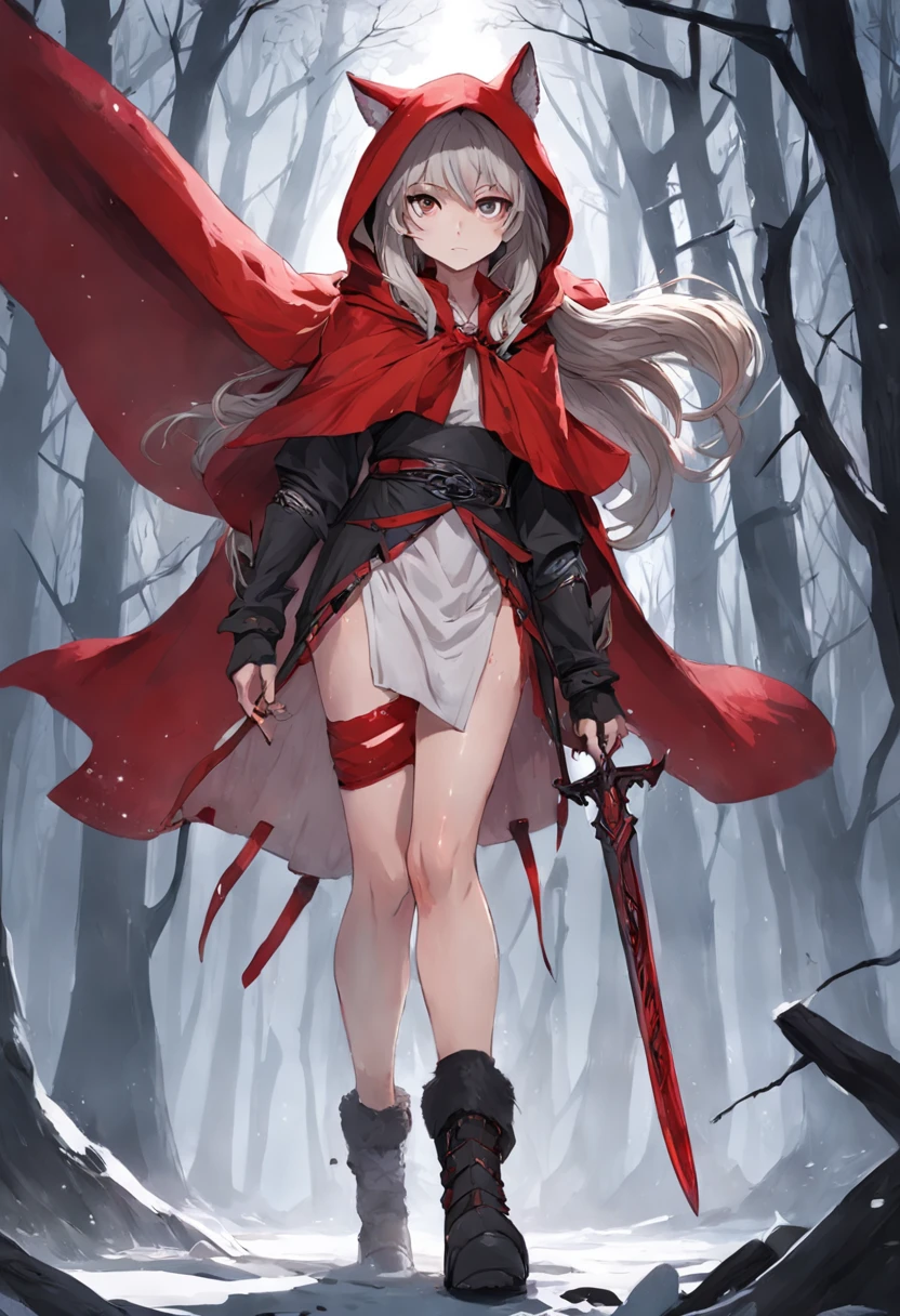 Its beautiful Little Red Riding Hood,Little Red Riding Hood floated in the air with a cold expression。She looked or thirteomplexion is pale,Tall and tall,Cold and glamorous,Full of wildness,Her hood、The shawls were as bright red as blood,Under her shawl,It is a linen power suit with a bundled body,It has a leather shoulder strap across the chest,Wear a python fur belt at the waist,Pedal deerskin boots。And the one that matches this outfit,It was a short sword shining with a cold light、Hammers and throwing knives... An invisible force bloomed from within her,Form a force field of a perfect circle,The surface of the mud under its feet is semicircular and concave。Subtle makeup,prime time,realisticlying,hight contrast,8k HD,A detailed,hyper-detailing,realistic skin textures,Cover the red hood,big cleavage breasts,best qualtiy,超高分辨率,RAW photogr,dramatic lighting,unreal-engine,diffused glow,Complex red hood,exteriors,Realistic detailed dark forest,falling leaf,light wind,(Take the slaughter wolf's head and drip blood)