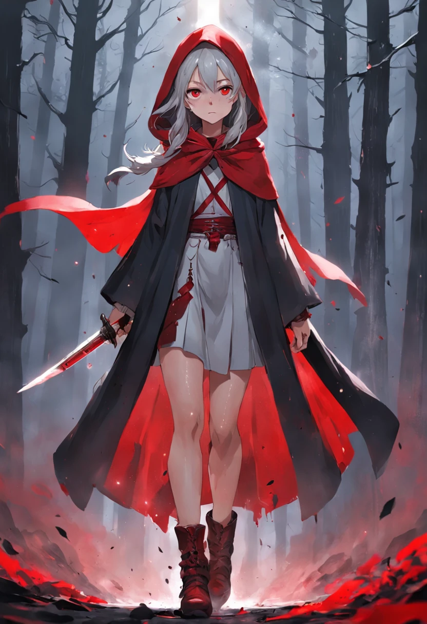 Its beautiful Little Red Riding Hood,Little Red Riding Hood floated in the air with a cold expression。She looked twelve or thirteen years old,The complexion is pale,Tall and tall,Cold and glamorous,Full of wildness,Her hood、The shawls were as bright red as blood,Under her shawl,It is a linen power suit with a bundled body,It has a leather shoulder strap across the chest,Wear a python fur belt at the waist,Pedal deerskin boots。And the one that matches this outfit,It was a short sword shining with a cold light、Hammers and throwing knives... An invisible force bloomed from within her,Form a force field of a perfect circle,The surface of the mud under its feet is semicircular and concave。Subtle makeup,prime time,realisticlying,hight contrast,8k HD,A detailed,hyper-detailing,realistic skin textures,Cover the red hood,big cleavage breasts,best qualtiy,超高分辨率,RAW photogr,dramatic lighting,unreal-engine,diffused glow,Complex red hood,exteriors,Realistic detailed dark forest,falling leaf,light wind,(Take the slaughter wolf's head and drip blood)