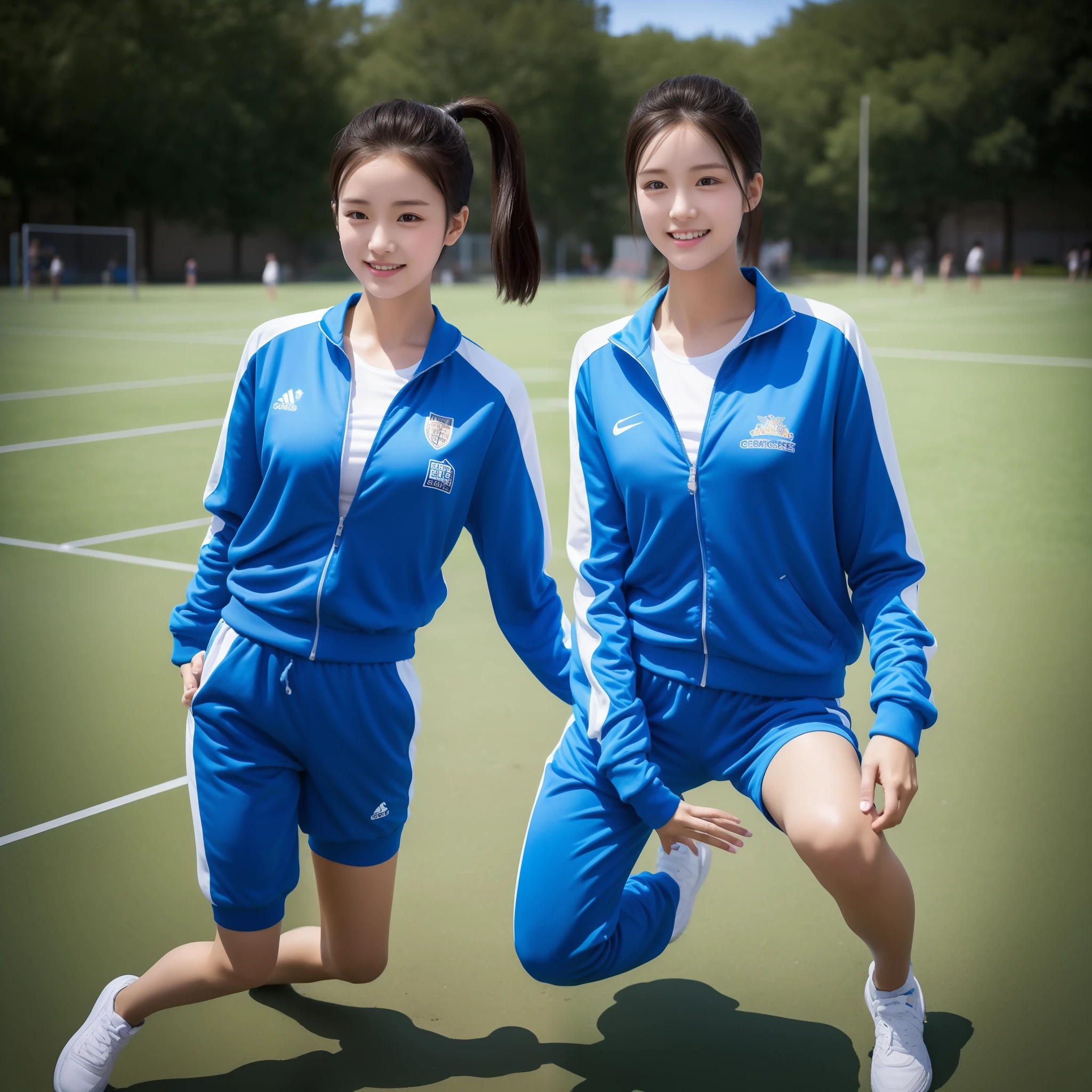 1 very beautiful female high school student,Wear blue and white tracksuits,Play basketball on the school playground,Super high value,perfect body figure,Beautiful short ponytail,Delicate hair,Fair face and skin,There are beads of sweat hanging down,Have fun on the playground,Large,Chest hyperexcion,The tracksuit on the chest is high and bulging, Tightness and bulging,Delicate fair and soft toes,detailed finger,fully body photo